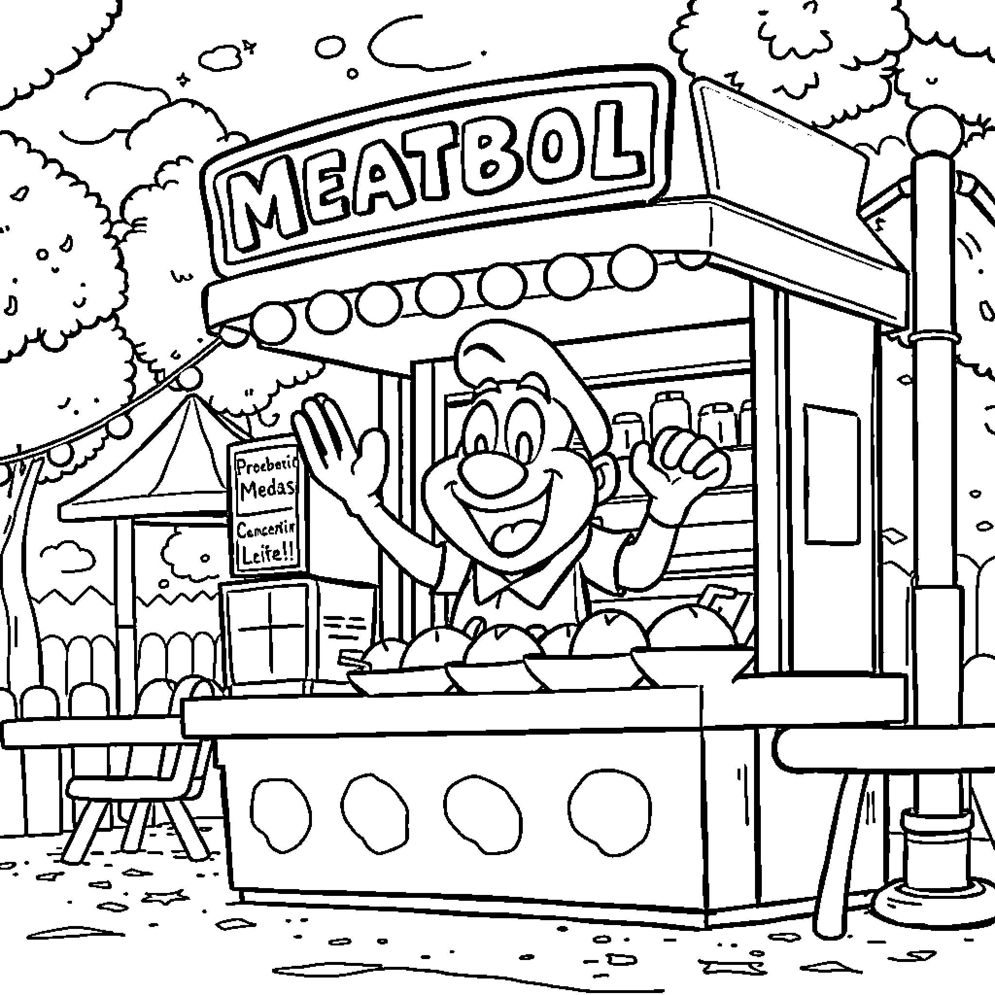 Meatball vendor serving customers at a food stall Coloring Page (free black-and-white line drawing printable PDF for all, from beginners to advanced learners, including children, teens, adults, and seniors)