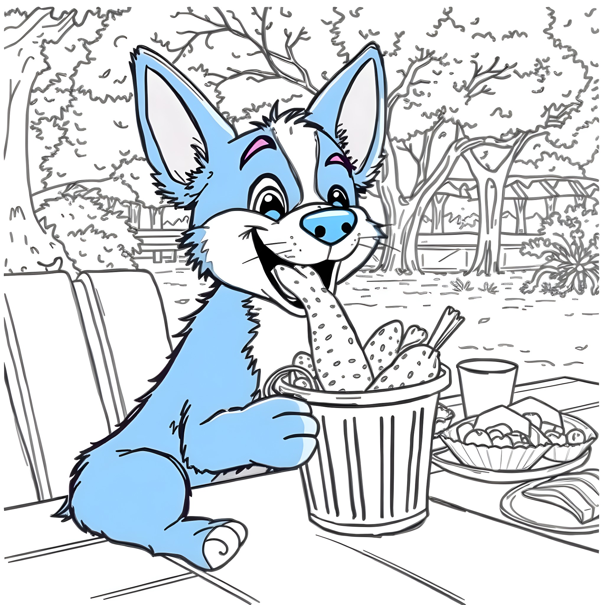 Bluey playing with trash in the backyard Coloring Page (free black-and-white line drawing printable PDF for all, from beginners to advanced learners, including children, teens, adults, and seniors)