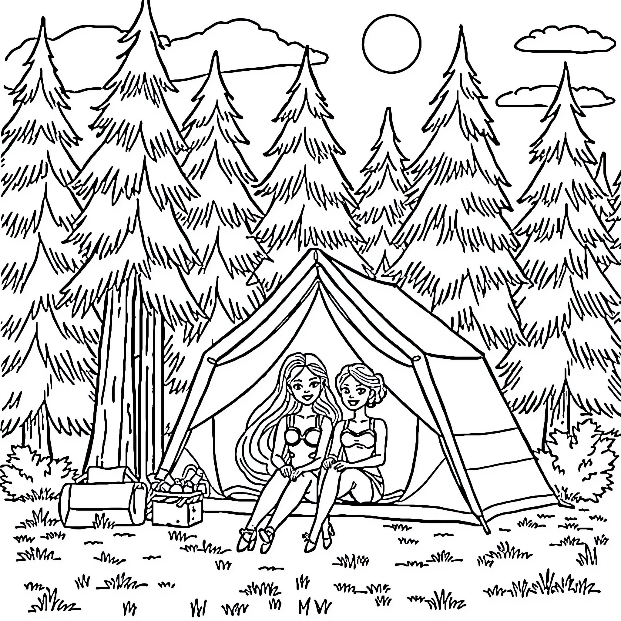 Barbie's Camping Adventure in the Wilderness Coloring Page (free black-and-white line drawing printable PDF for all, from beginners to advanced learners, including children, teens, adults, and seniors)