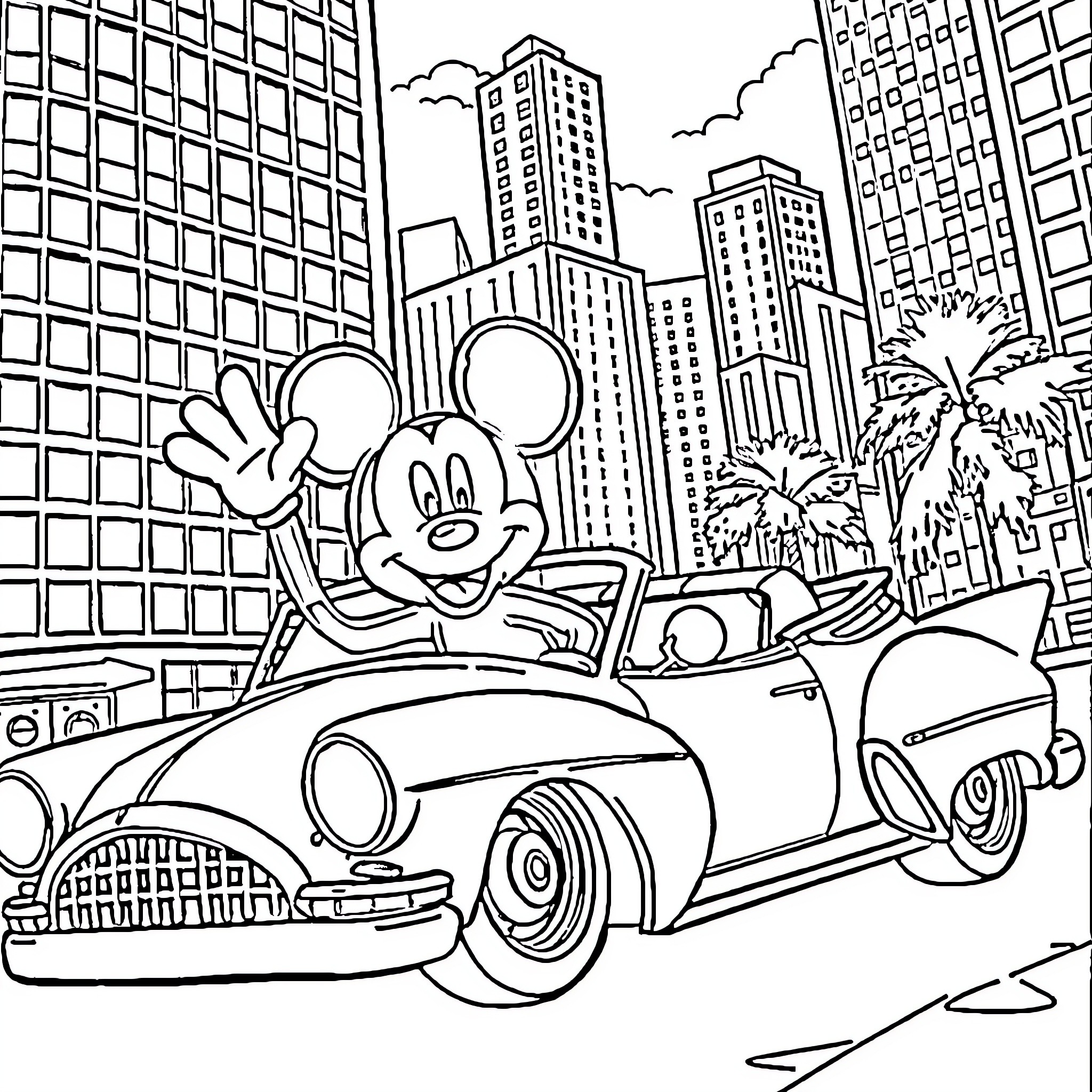 Mickey Mouse driving a car in the city Coloring Page (free black-and-white line drawing printable PDF for all, from beginners to advanced learners, including children, teens, adults, and seniors)