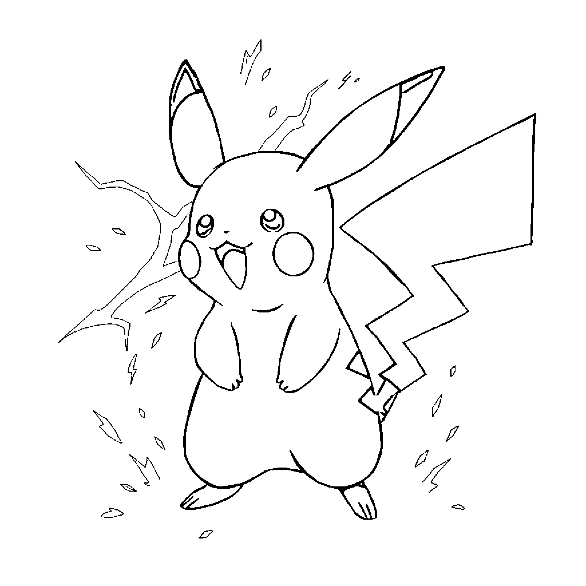 Pikachu expressing excitement in a lively scene Coloring Page (free black-and-white line drawing printable PDF for all, from beginners to advanced learners, including children, teens, adults, and seniors)