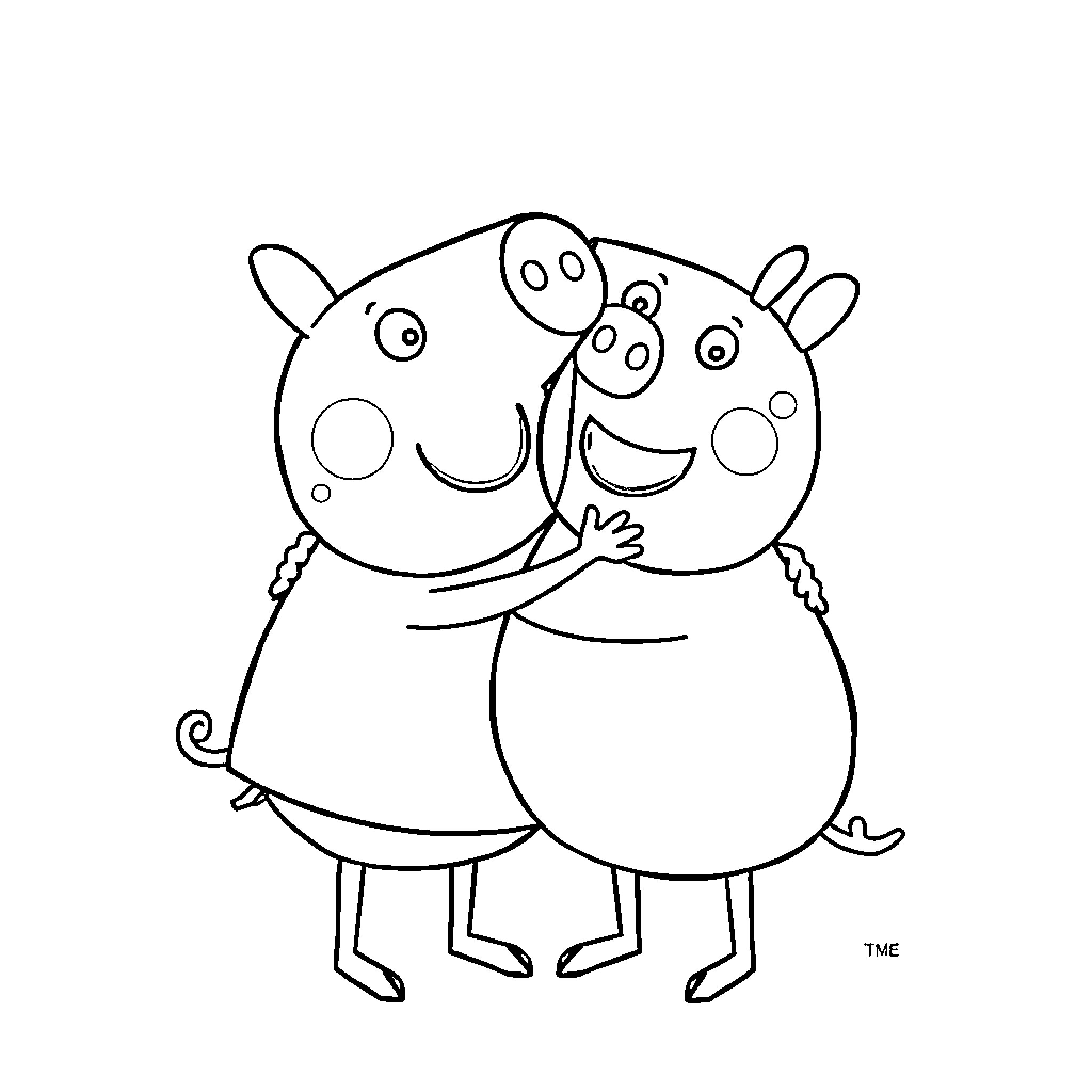 Pepa Pig family hugging happily Coloring Page (free black-and-white line drawing printable PDF for all, from beginners to advanced learners, including children, teens, adults, and seniors)