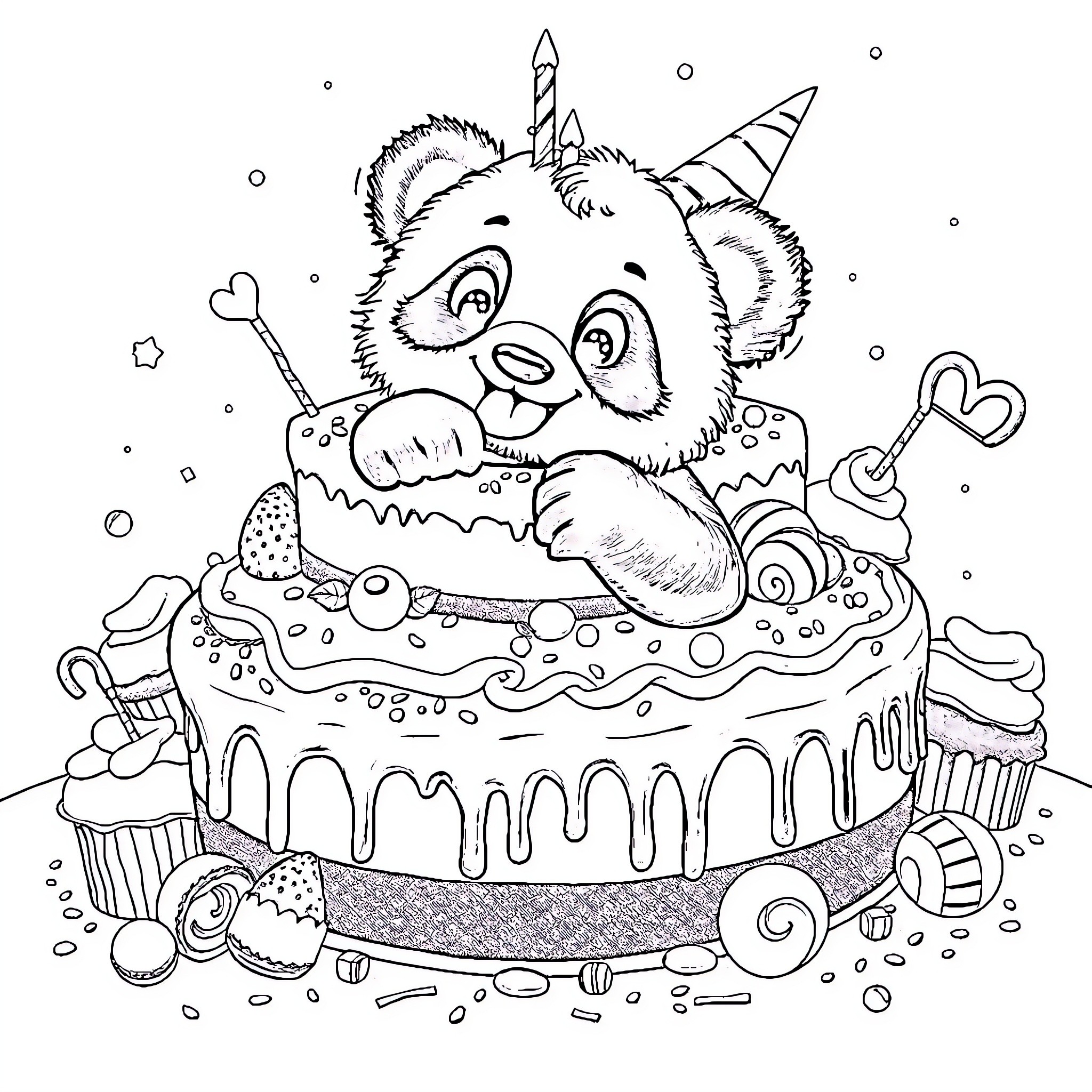 Panda enjoying a delicious cake with treats Coloring Page (free black-and-white line drawing printable PDF for all, from beginners to advanced learners, including children, teens, adults, and seniors)