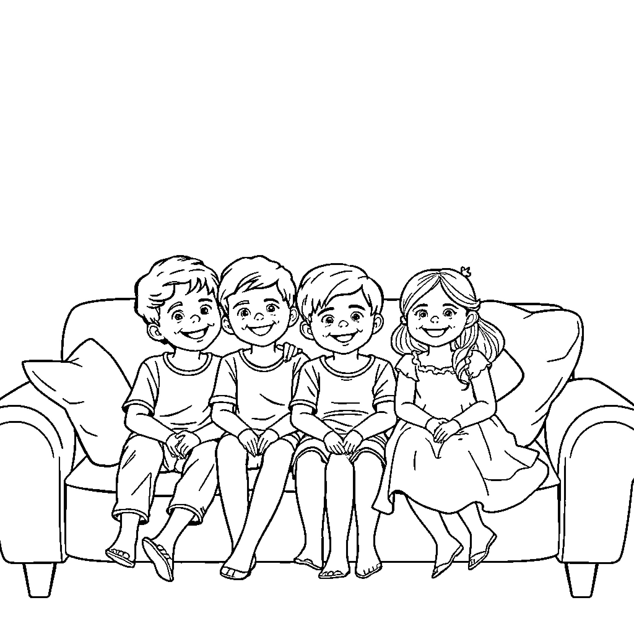 Family enjoying time together on couch Coloring Page (free black-and-white line drawing printable PDF for all, from beginners to advanced learners, including children, teens, adults, and seniors)
