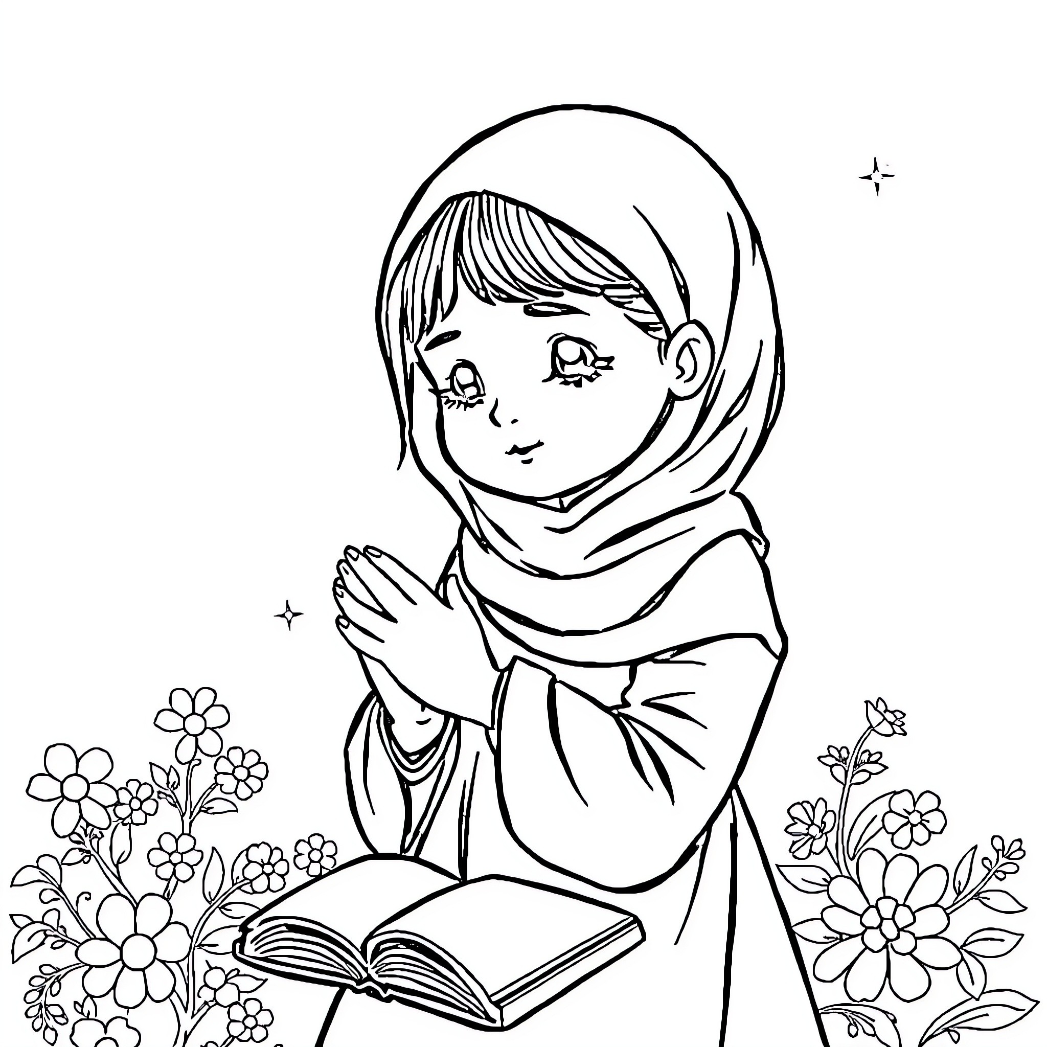 Girl reading book surrounded by flowers Coloring Page (free black-and-white line drawing printable PDF for all, from beginners to advanced learners, including children, teens, adults, and seniors)