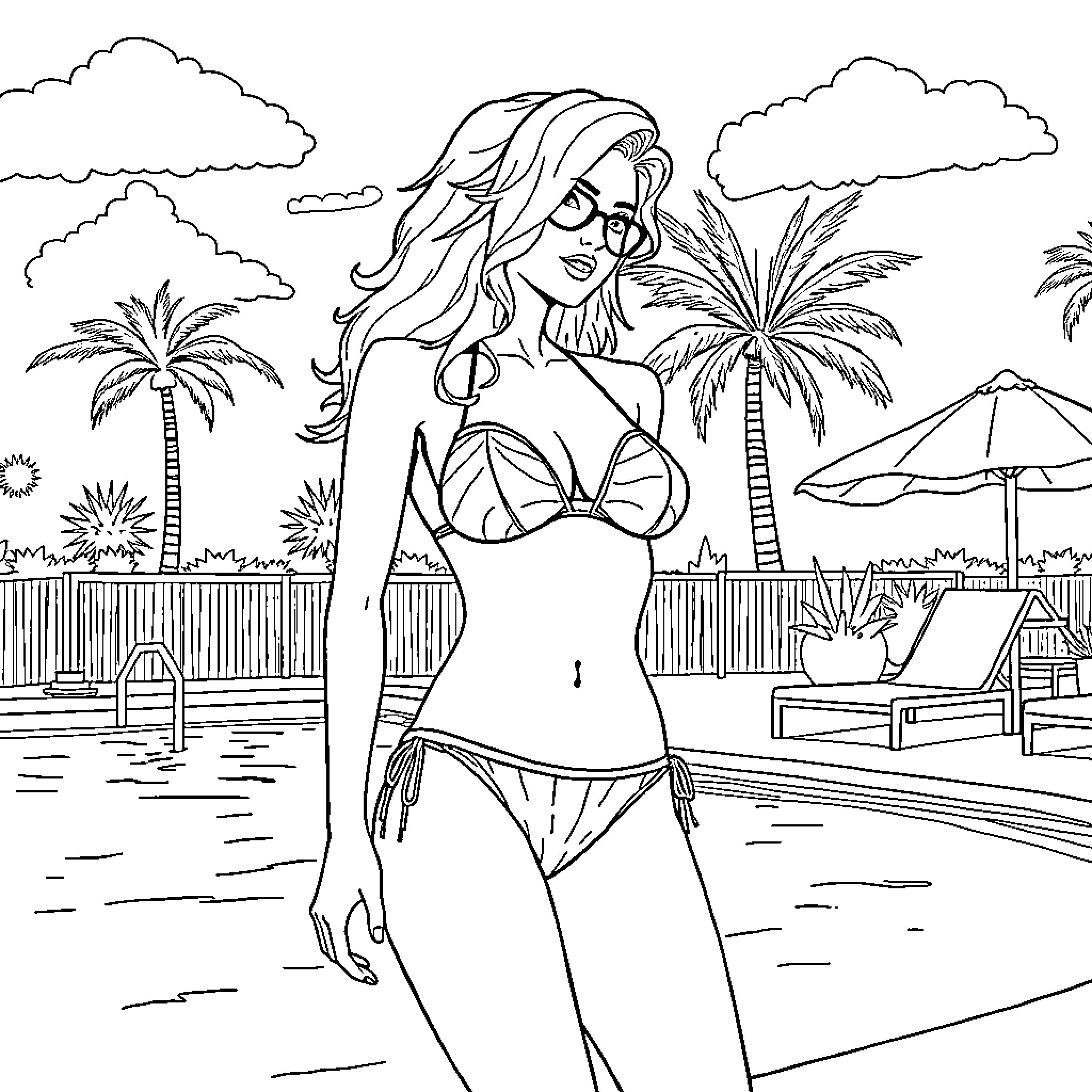 Weiss Schnee enjoys a relaxing day at the beach Coloring Page (free black-and-white line drawing printable PDF for all, from beginners to advanced learners, including children, teens, adults, and seniors)