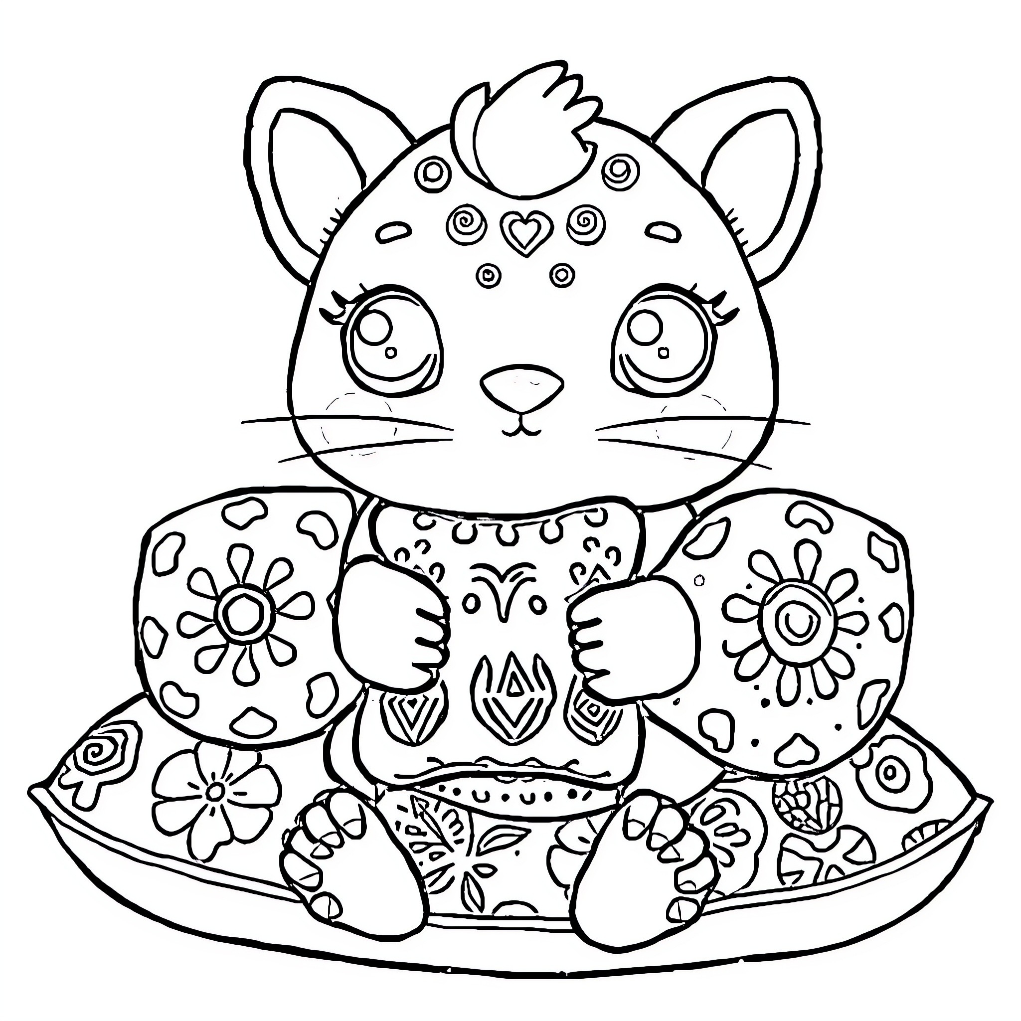 Paito Playful Cat with Whimsical Floral Patterns Coloring Page (free black-and-white line drawing printable PDF for all, from beginners to advanced learners, including children, teens, adults, and seniors)