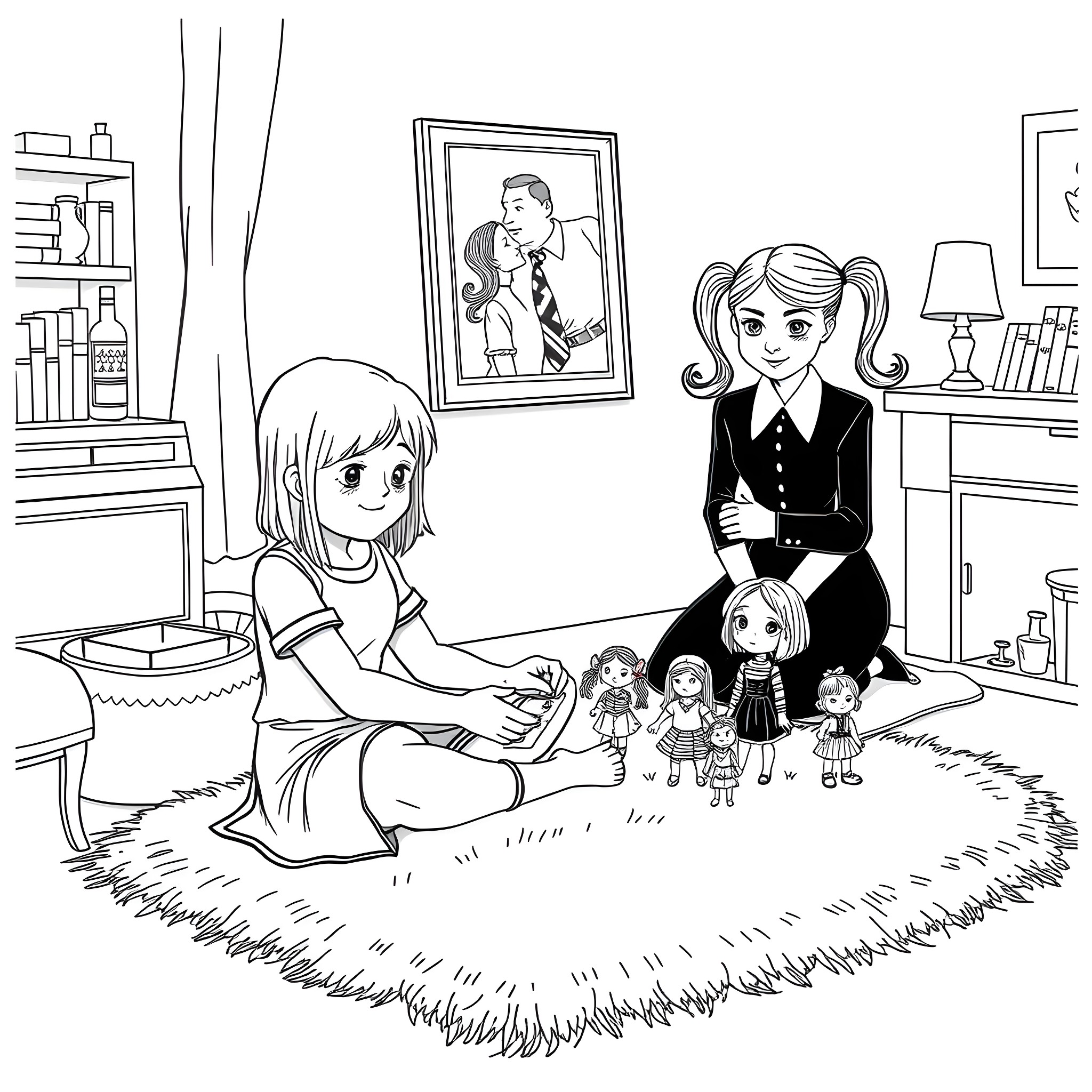 Doll family portrait in the living room Coloring Page (free black-and-white line drawing printable PDF for all, from beginners to advanced learners, including children, teens, adults, and seniors)