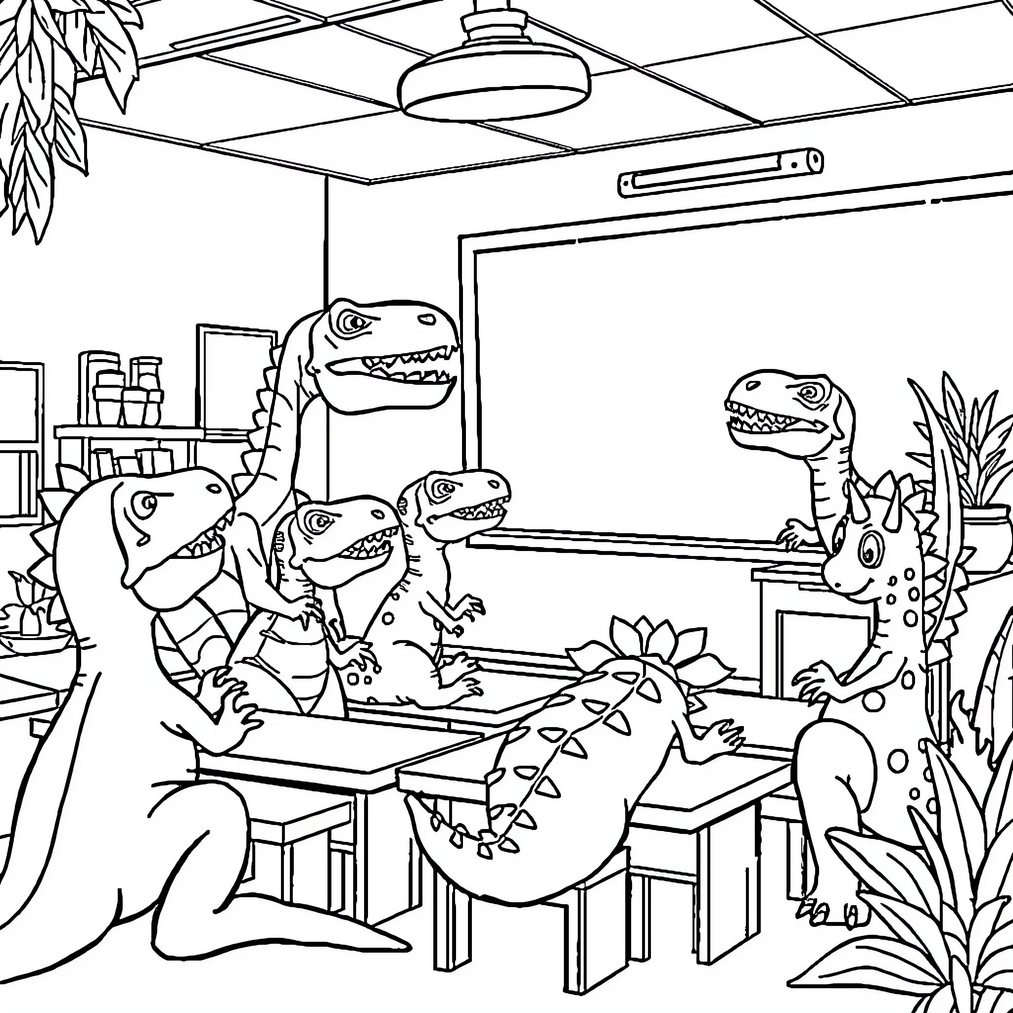 Dinosaurs in a Classroom Coloring Page (free black-and-white line drawing printable PDF for all, from beginners to advanced learners, including children, teens, adults, and seniors)