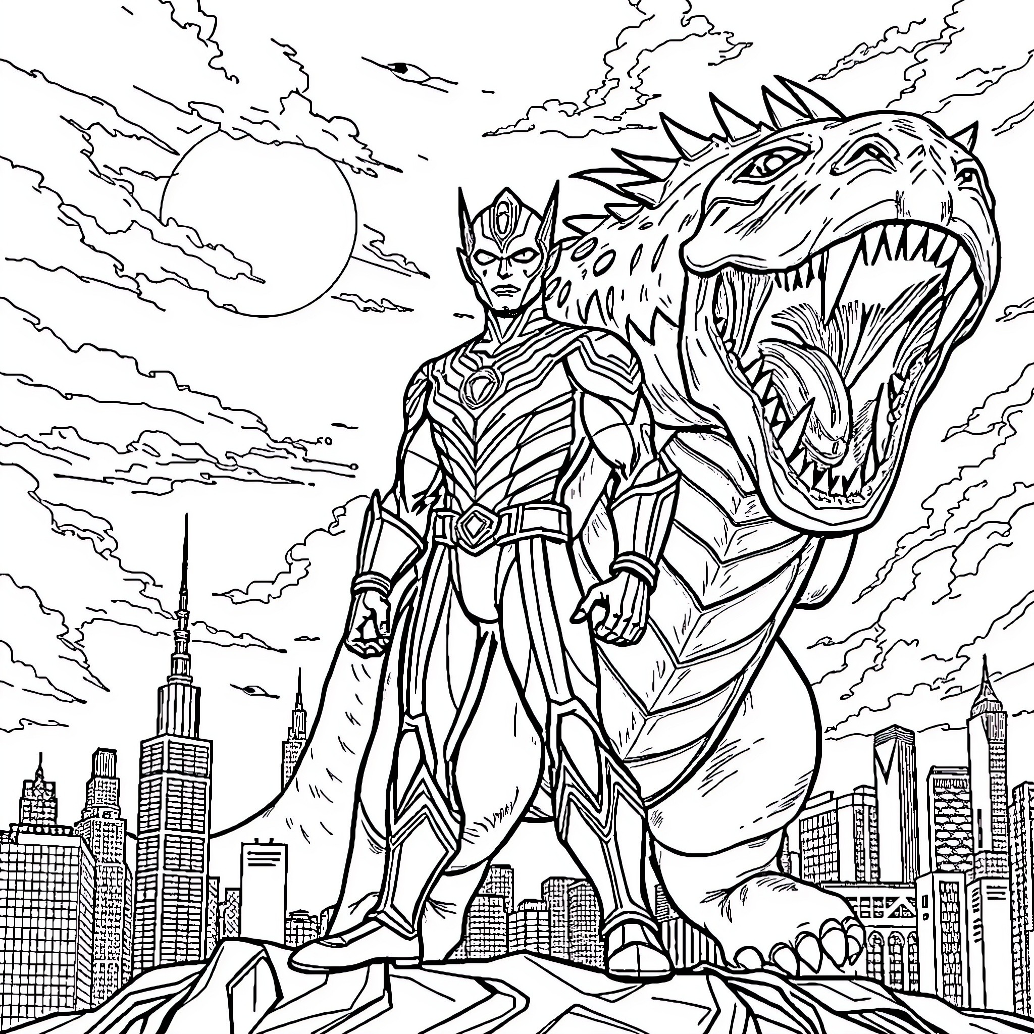 Ultraman battles a giant monster in the city Coloring Page (free black-and-white line drawing printable PDF for all, from beginners to advanced learners, including children, teens, adults, and seniors)