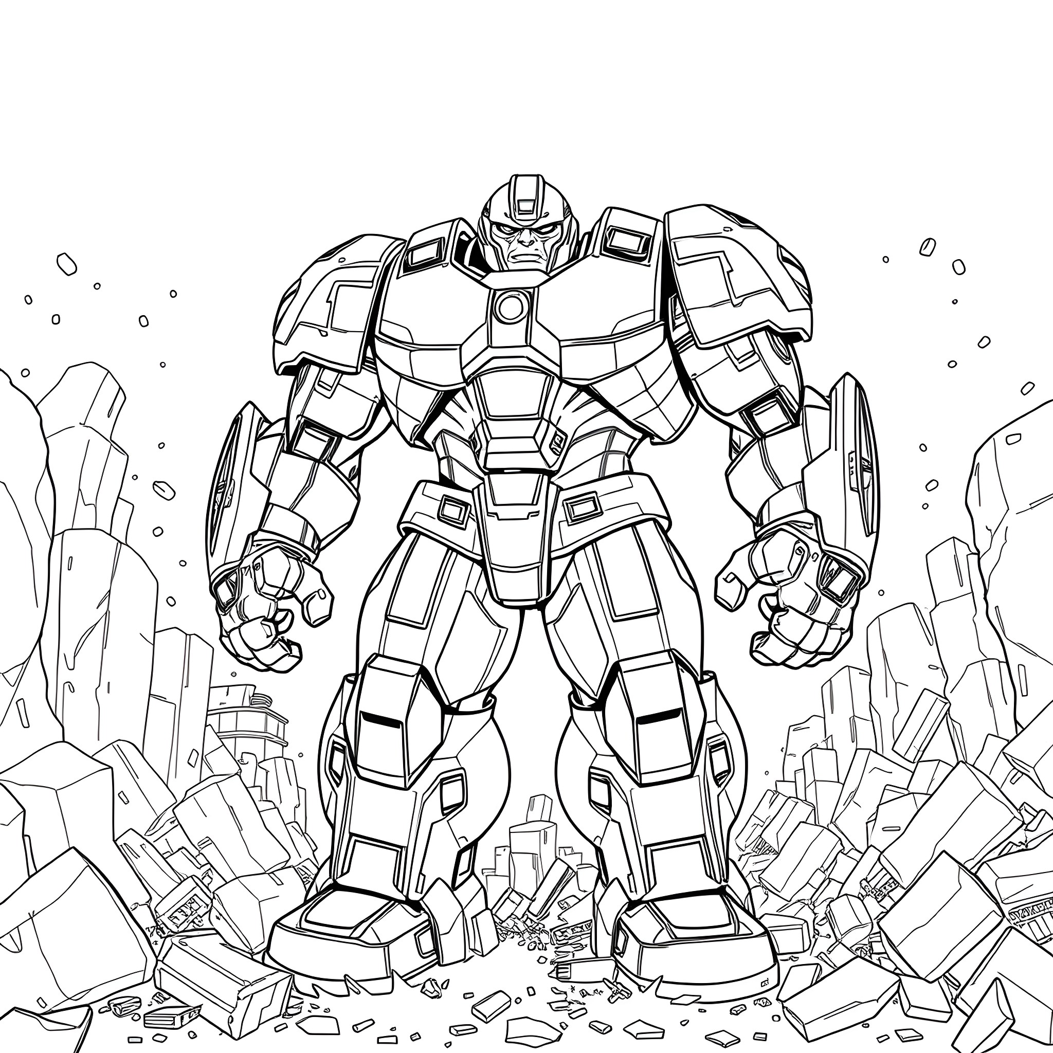 Ironman battling through debris and destruction Coloring Page (free black-and-white line drawing printable PDF for all, from beginners to advanced learners, including children, teens, adults, and seniors)