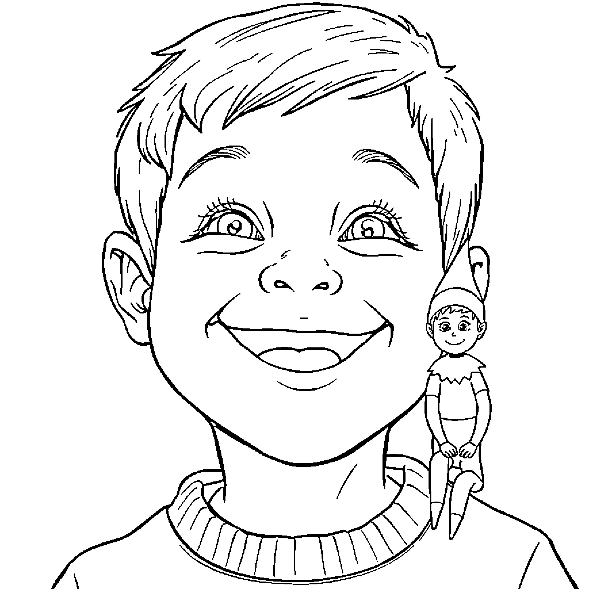Boy playing with toy elf figurine Coloring Page (free black-and-white line drawing printable PDF for all, from beginners to advanced learners, including children, teens, adults, and seniors)