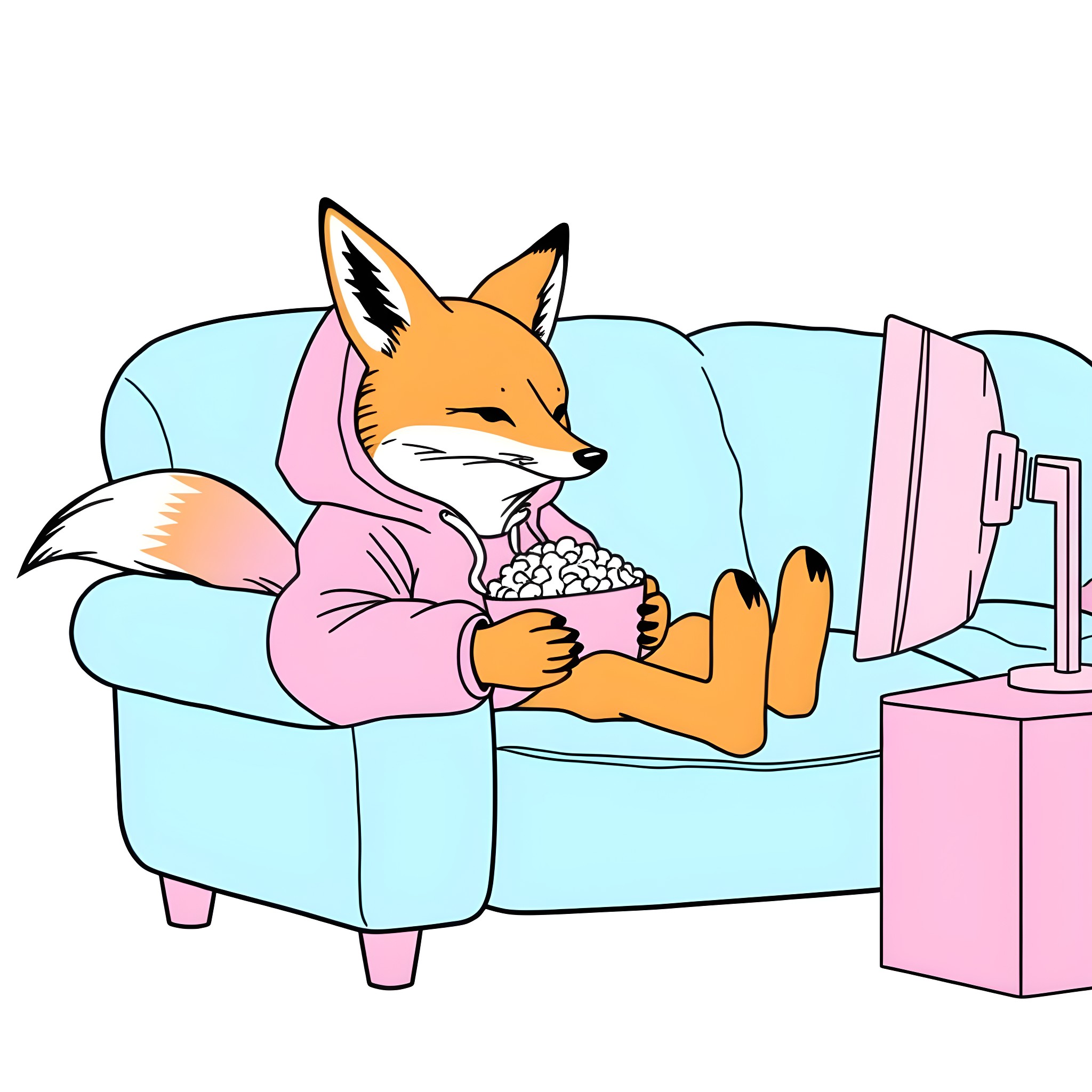 Fox relaxing on cozy sofa while watching TV Coloring Page (free black-and-white line drawing printable PDF for all, from beginners to advanced learners, including children, teens, adults, and seniors)