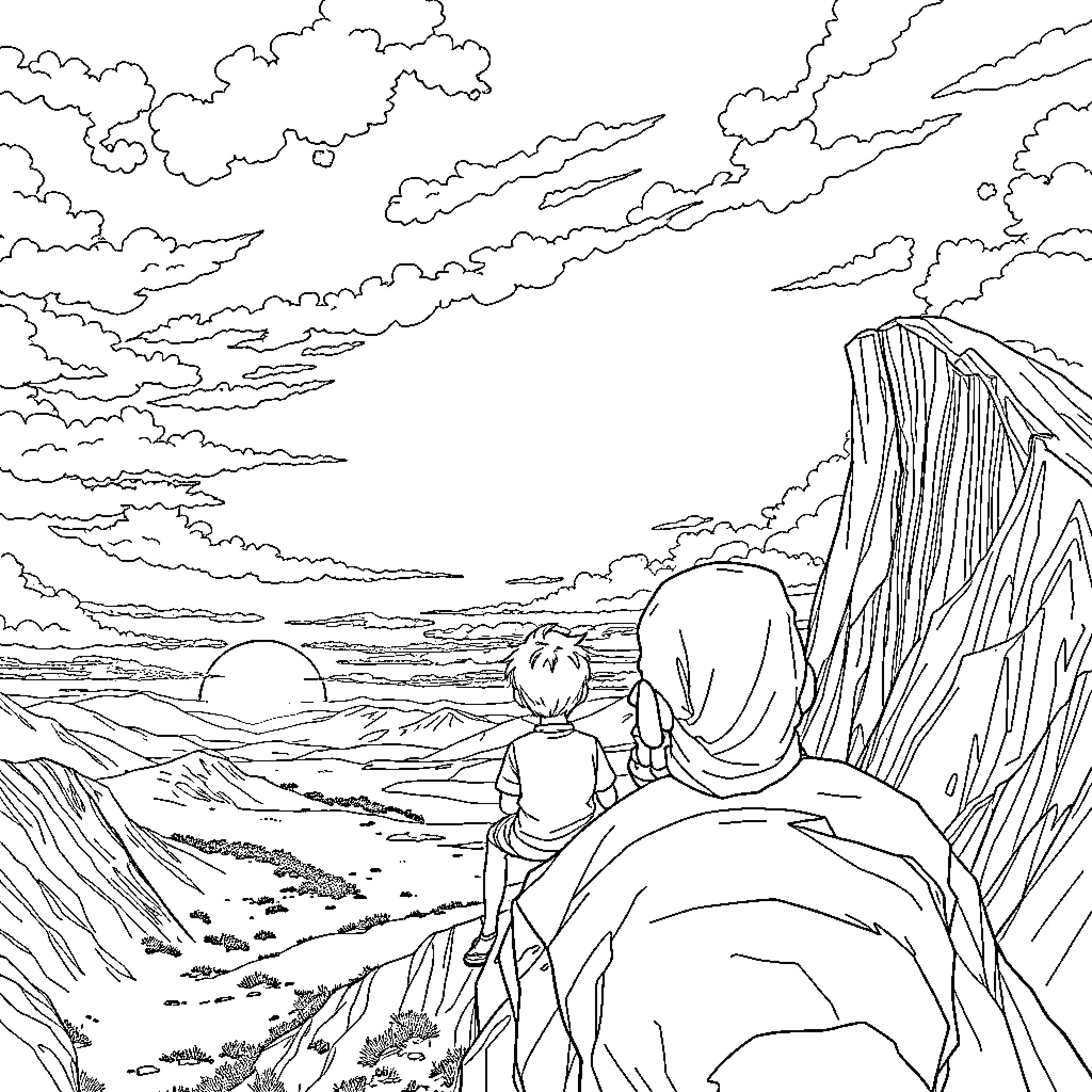 Boy gazing at the sunset landscape Coloring Page (free black-and-white line drawing printable PDF for all, from beginners to advanced learners, including children, teens, adults, and seniors)