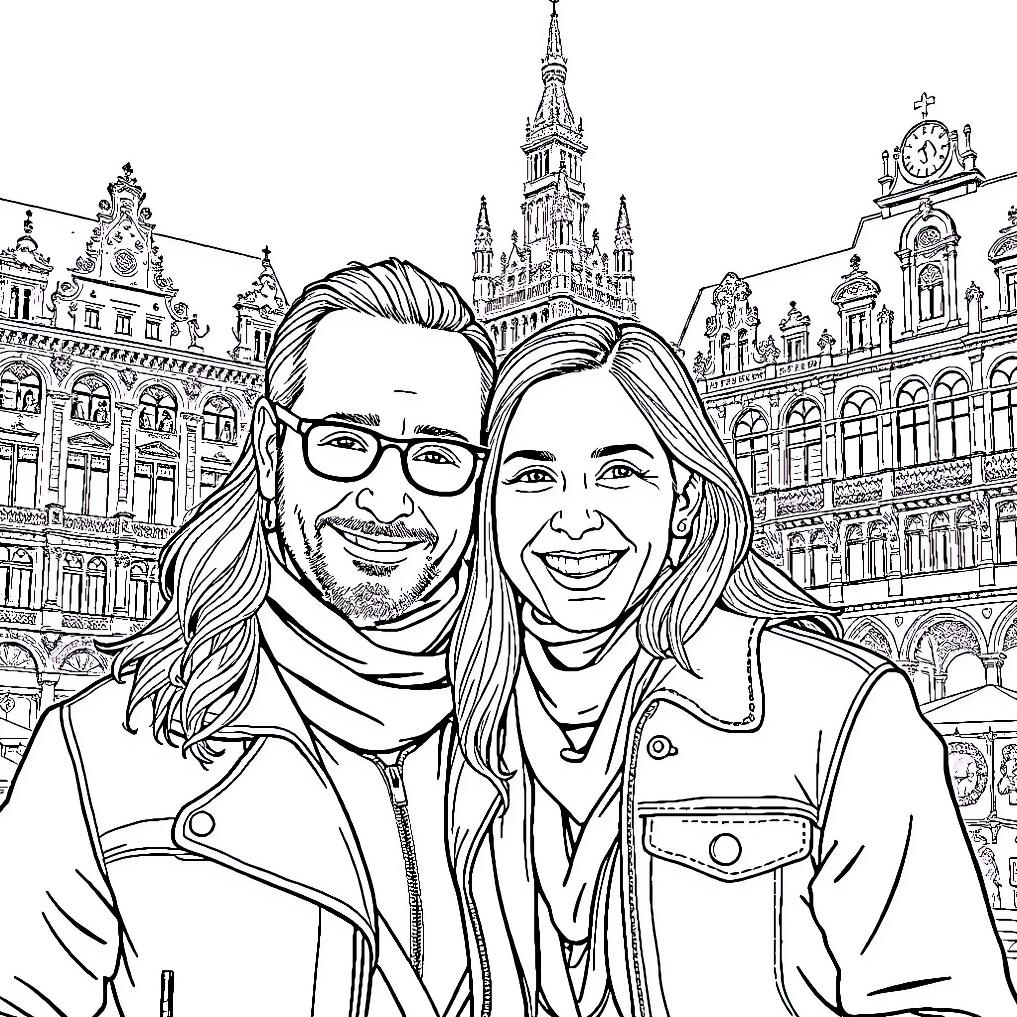 Man and woman pose together in front of historic city Coloring Page (free black-and-white line drawing printable PDF for all, from beginners to advanced learners, including children, teens, adults, and seniors)