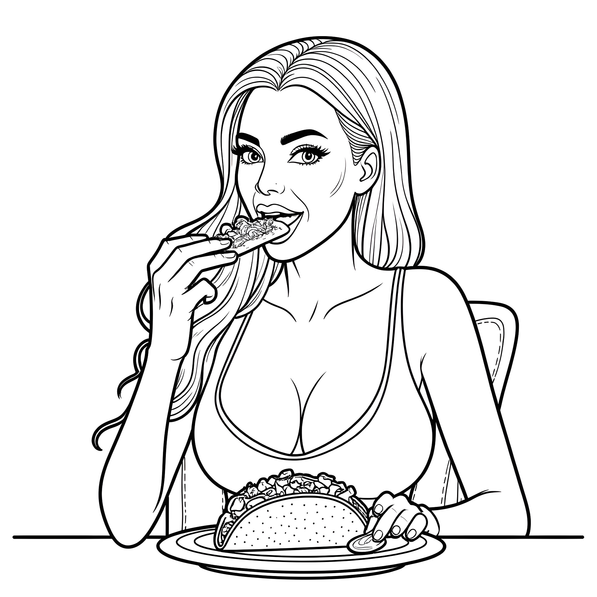 Kim Kardashian Enjoys a Tasty Treat Coloring Page (free black-and-white line drawing printable PDF for all, from beginners to advanced learners, including children, teens, adults, and seniors)