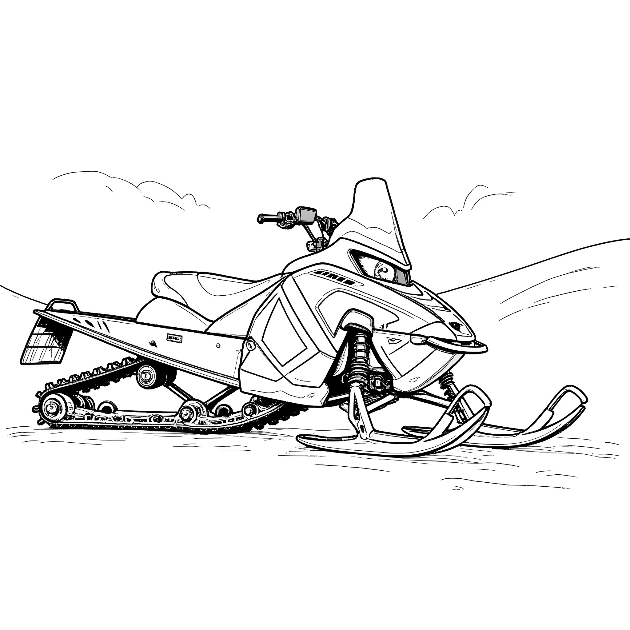 Snowmobile zooming through the snowy landscape Coloring Page (free black-and-white line drawing printable PDF for all, from beginners to advanced learners, including children, teens, adults, and seniors)