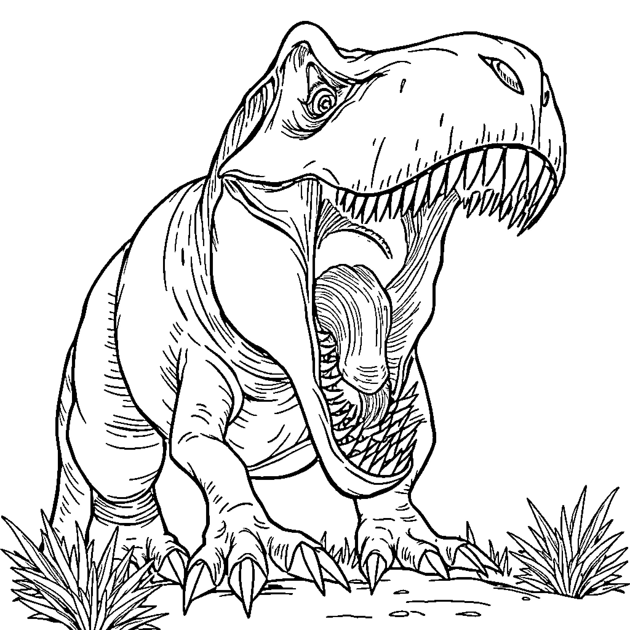 T-Rex Roaring Fiercely in the Wilderness Coloring Page (free black-and-white line drawing printable PDF for all, from beginners to advanced learners, including children, teens, adults, and seniors)