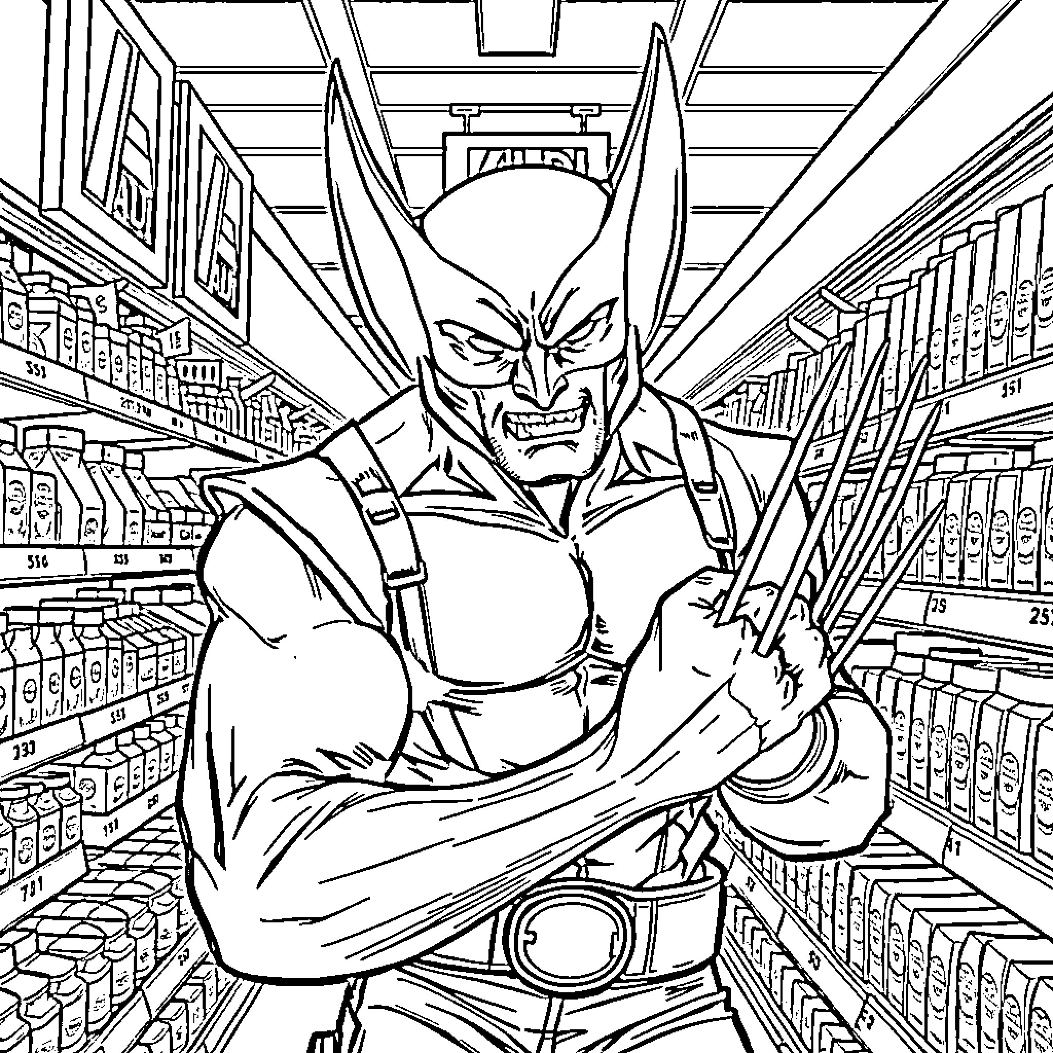 Wolverine Strolling Through a Supermarket Coloring Page (free black-and-white line drawing printable PDF for all, from beginners to advanced learners, including children, teens, adults, and seniors)