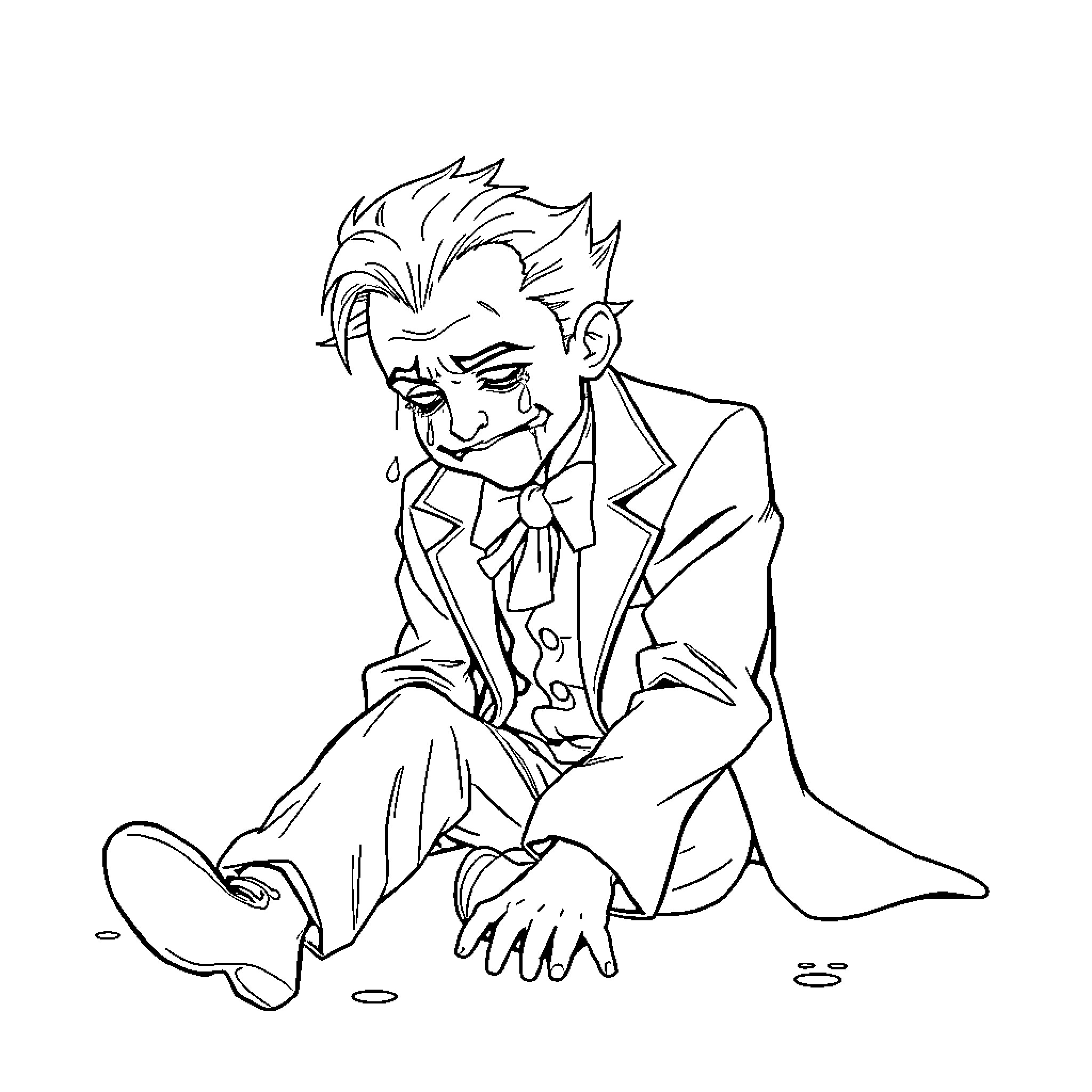 Joker in distressed contemplation Coloring Page (free black-and-white line drawing printable PDF for all, from beginners to advanced learners, including children, teens, adults, and seniors)