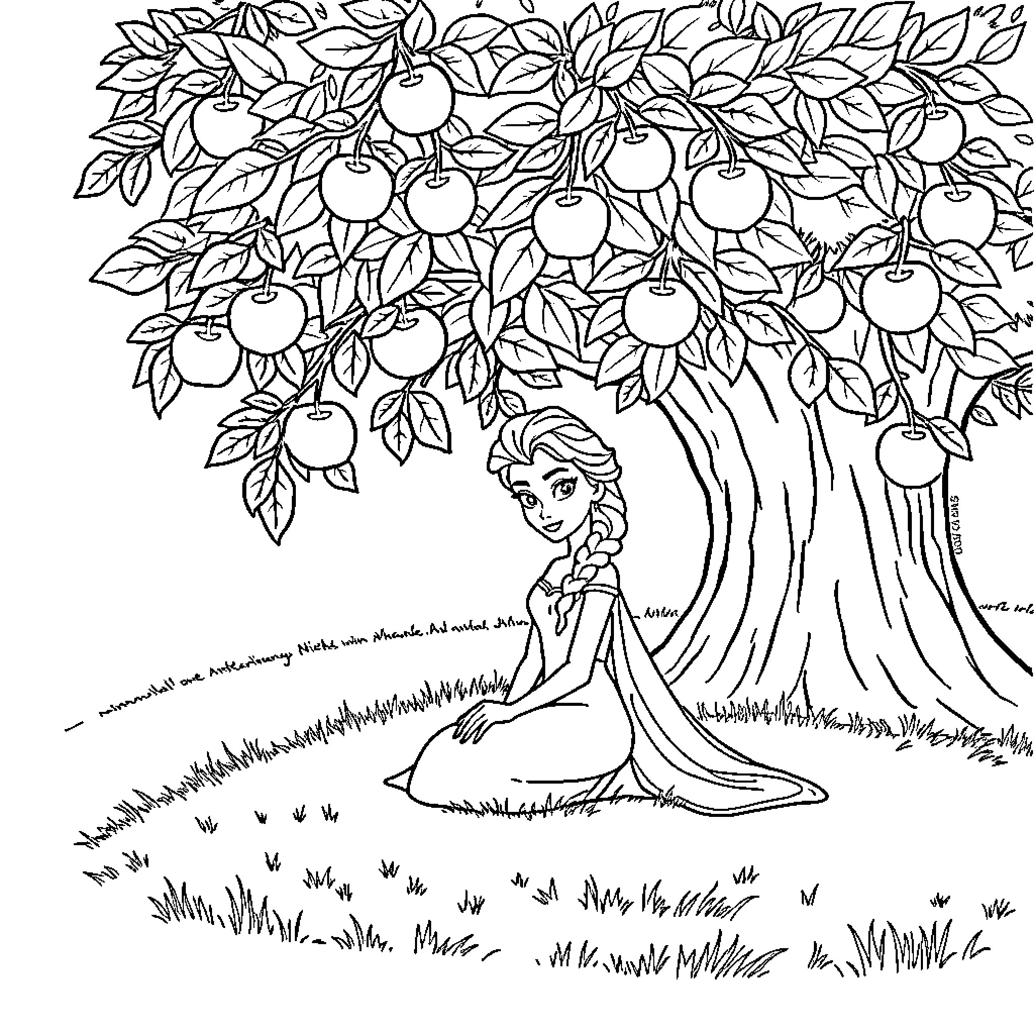 Princess Elsa resting under a fruitful tree Coloring Page (free black-and-white line drawing printable PDF for all, from beginners to advanced learners, including children, teens, adults, and seniors)