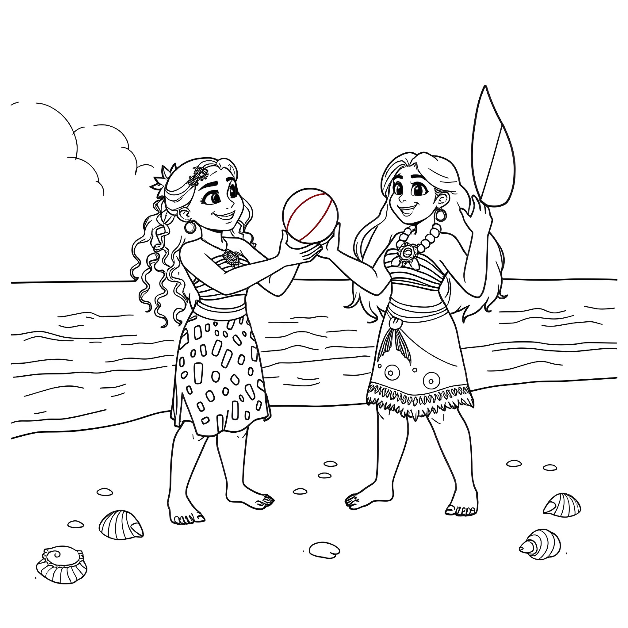 Moana and her friend playing on the beach Coloring Page (free black-and-white line drawing printable PDF for all, from beginners to advanced learners, including children, teens, adults, and seniors)