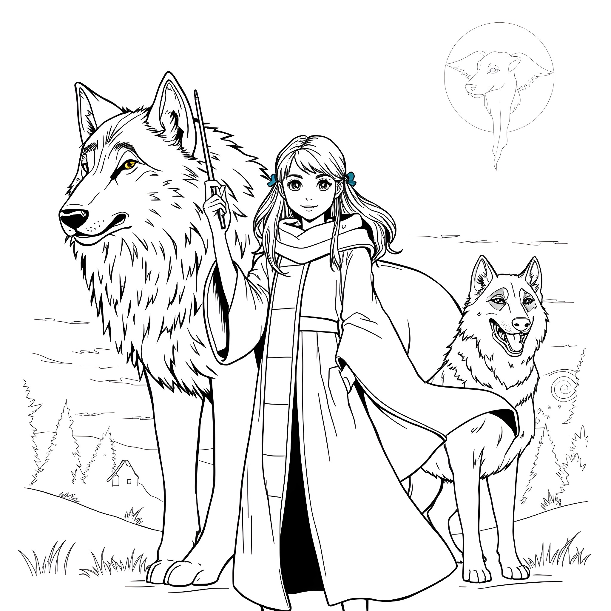 Teen Girl Exploring the Wilderness with Loyal Wolves Coloring Page (free black-and-white line drawing printable PDF for all, from beginners to advanced learners, including children, teens, adults, and seniors)
