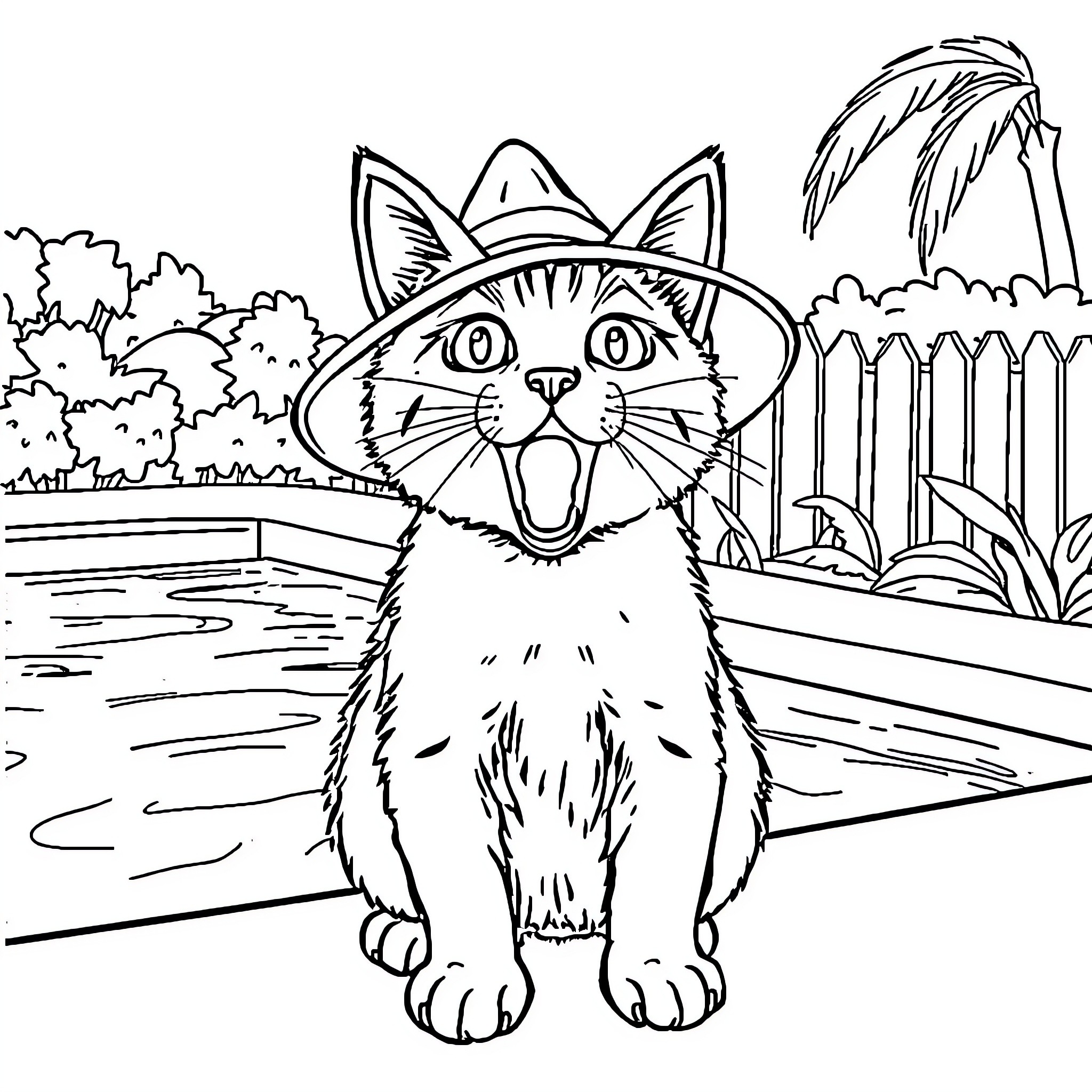 Cat in Cowboy Hat Exploring Backyard Coloring Page (free black-and-white line drawing printable PDF for all, from beginners to advanced learners, including children, teens, adults, and seniors)