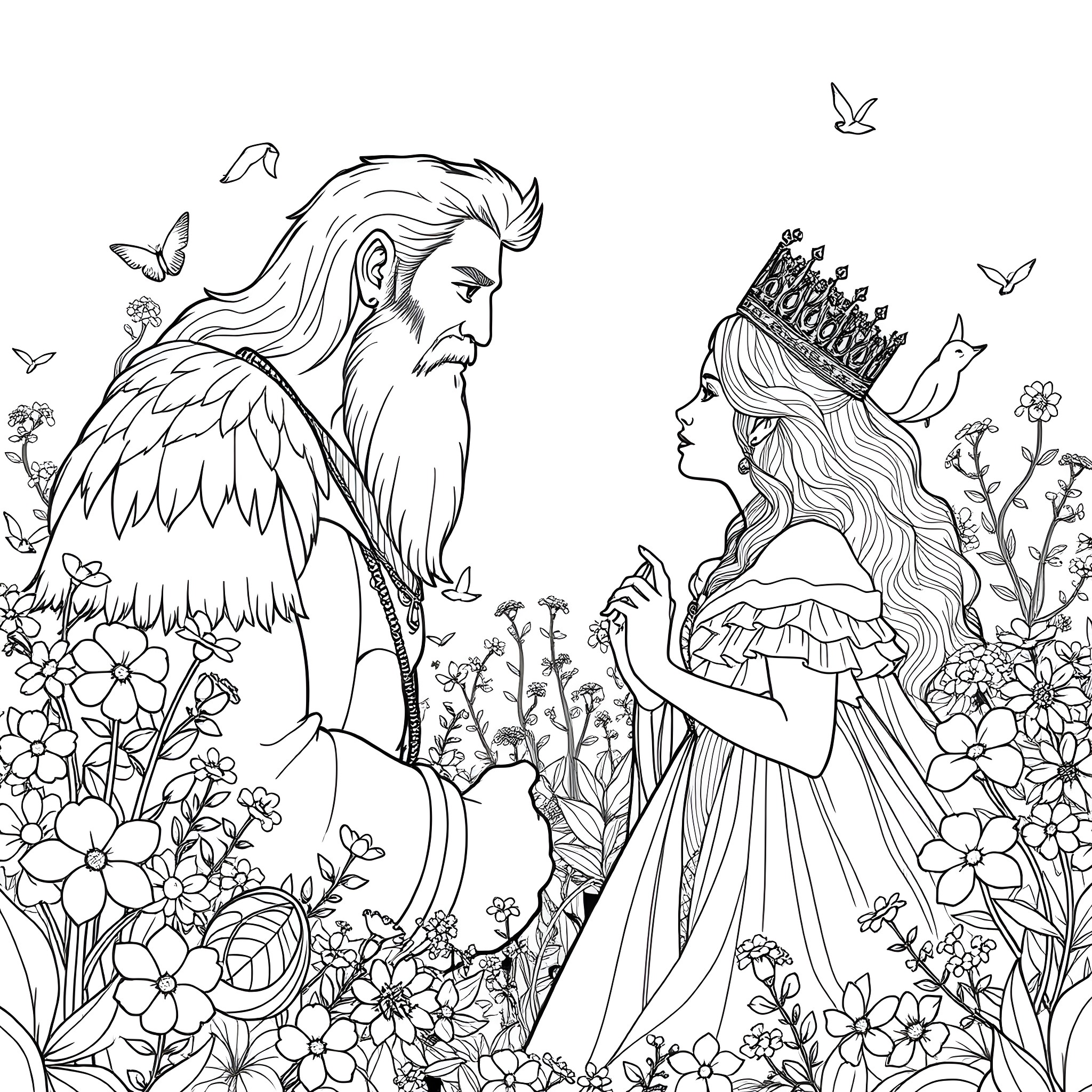 Monster's Meeting with Crowned Maiden in the Floral Garden Coloring Page (free black-and-white line drawing printable PDF for all, from beginners to advanced learners, including children, teens, adults, and seniors)