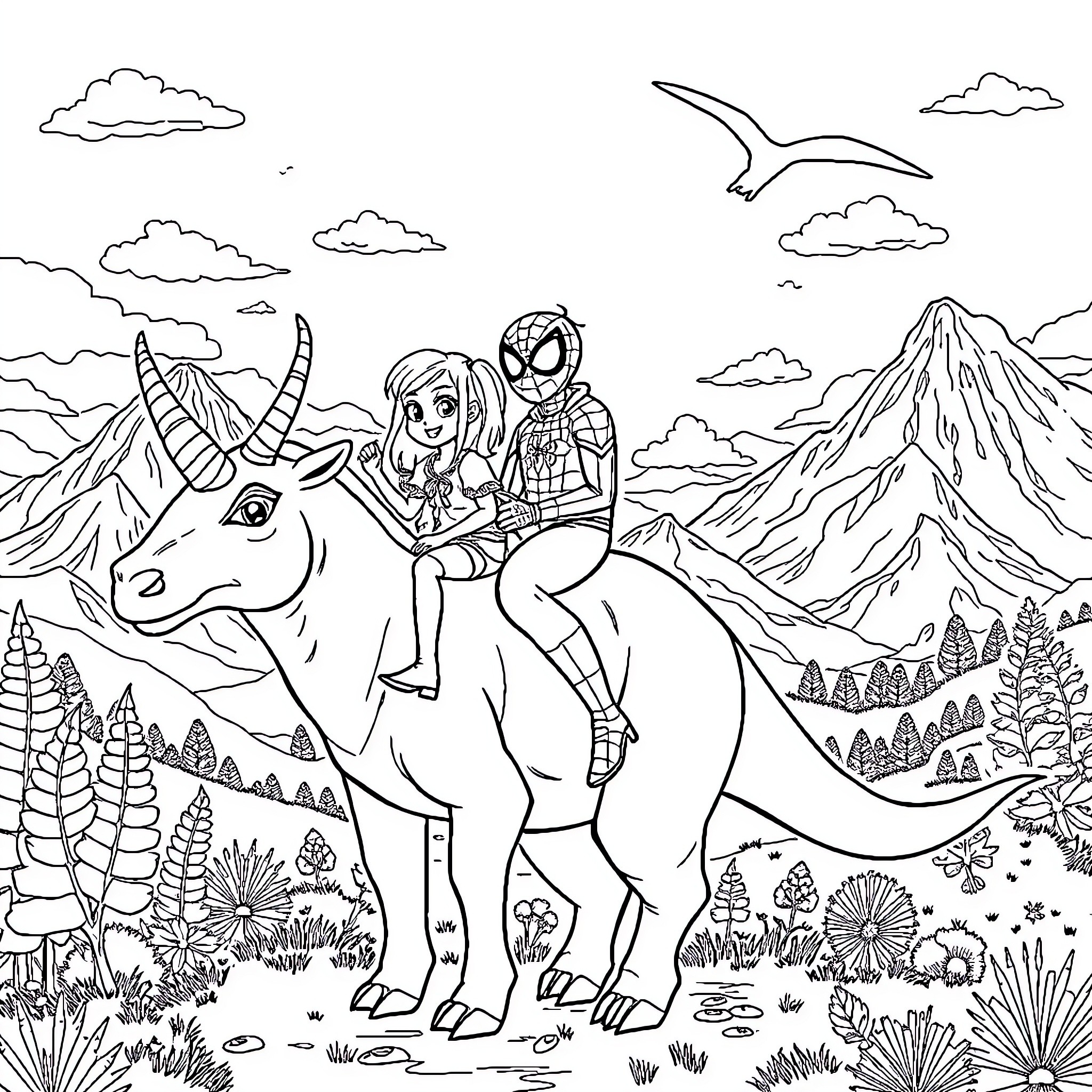 Einhorn characters in magical mountain landscape Coloring Page (free black-and-white line drawing printable PDF for all, from beginners to advanced learners, including children, teens, adults, and seniors)