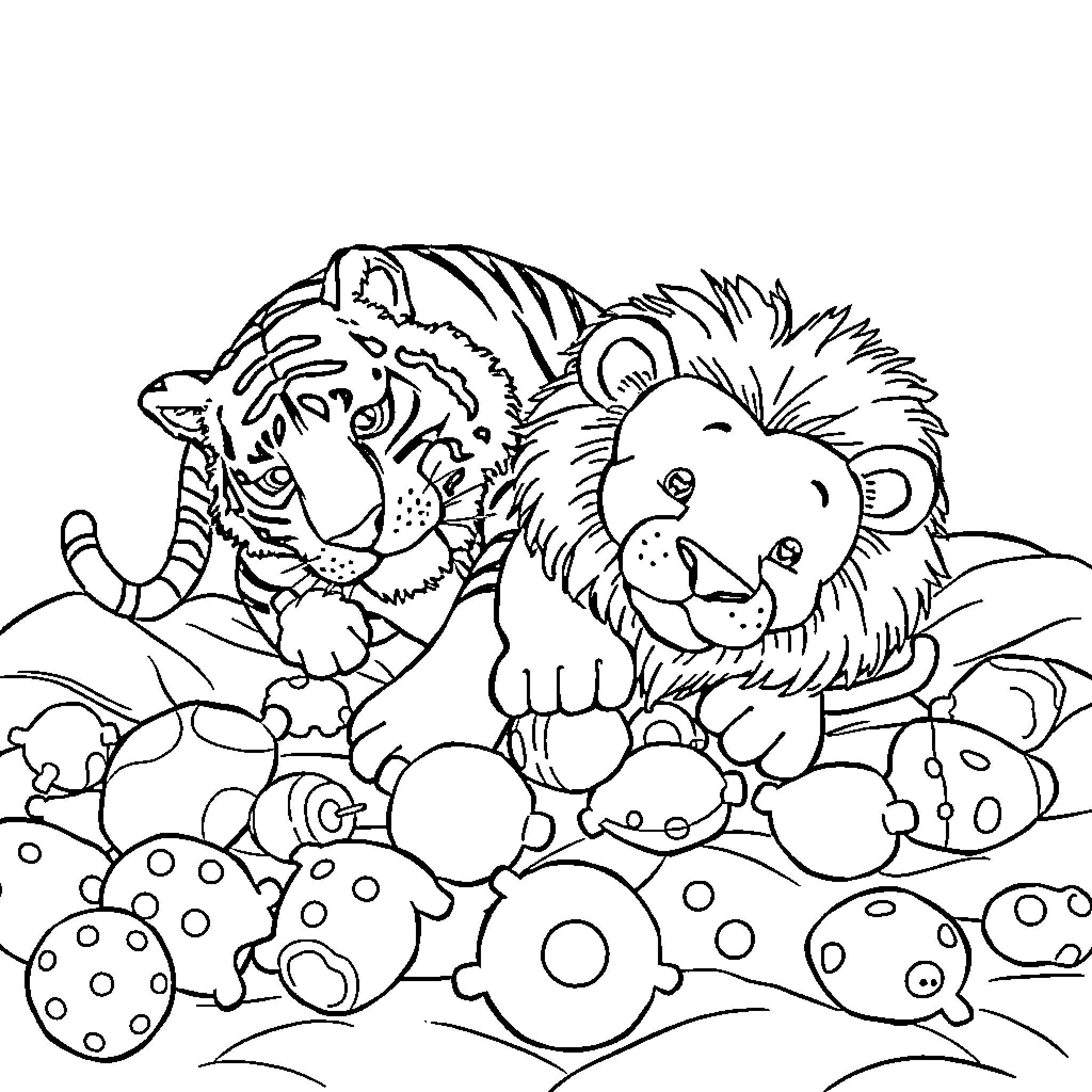 Tiger and Lion Playing Together in the Wild Coloring Page (free black-and-white line drawing printable PDF for all, from beginners to advanced learners, including children, teens, adults, and seniors)