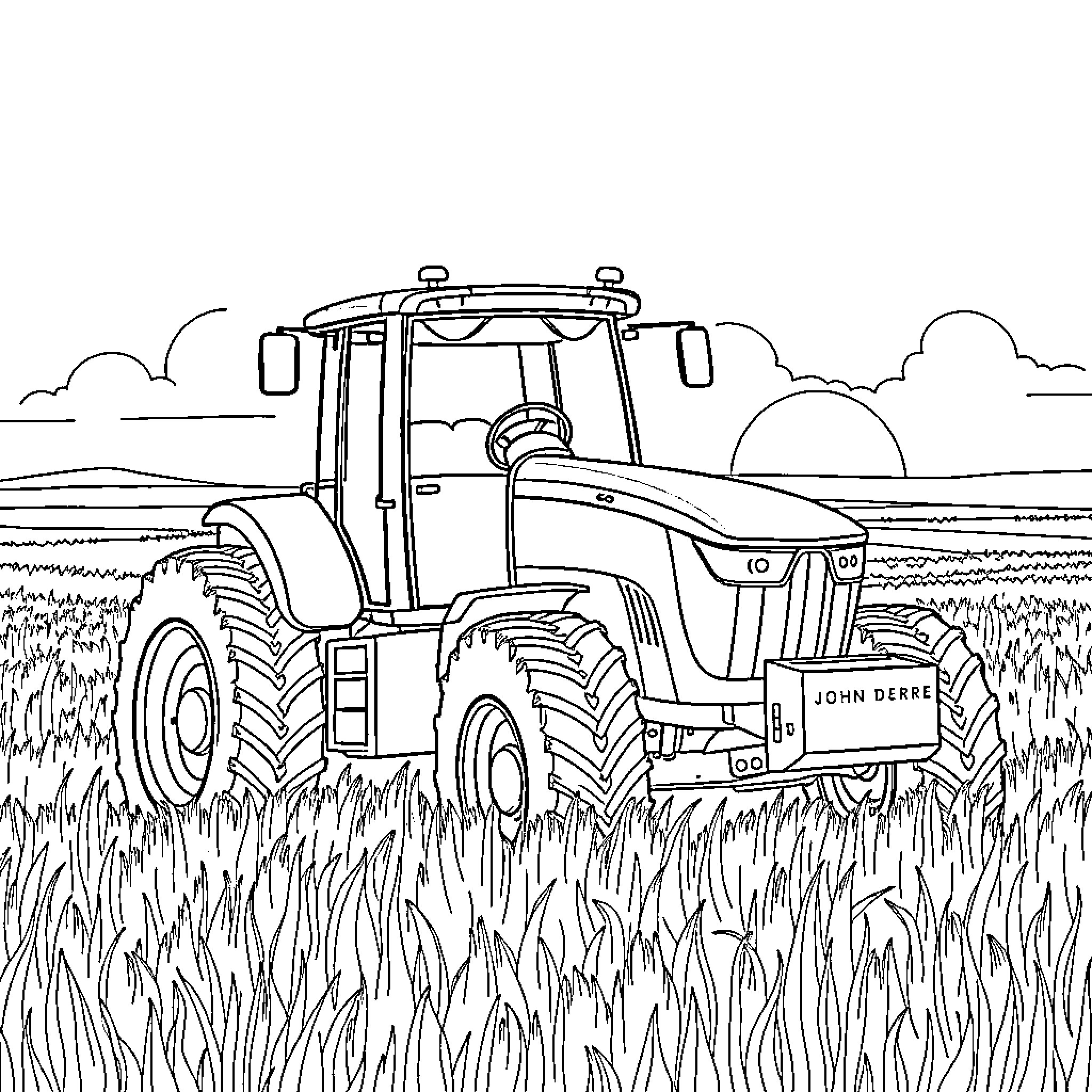 Tractor plowing through a field Coloring Page (free black-and-white line drawing printable PDF for all, from beginners to advanced learners, including children, teens, adults, and seniors)