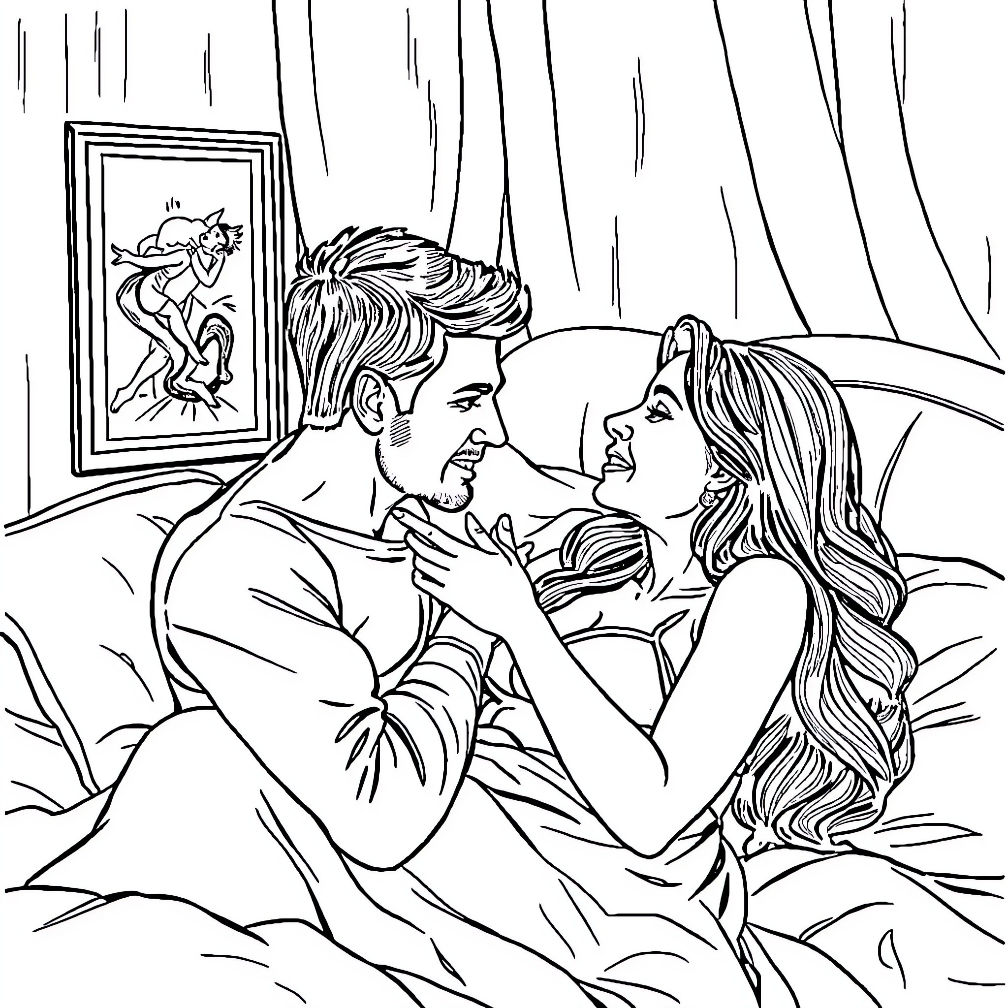 Wife sharing intimate moment with husband in bedroom Coloring Page (free black-and-white line drawing printable PDF for all, from beginners to advanced learners, including children, teens, adults, and seniors)