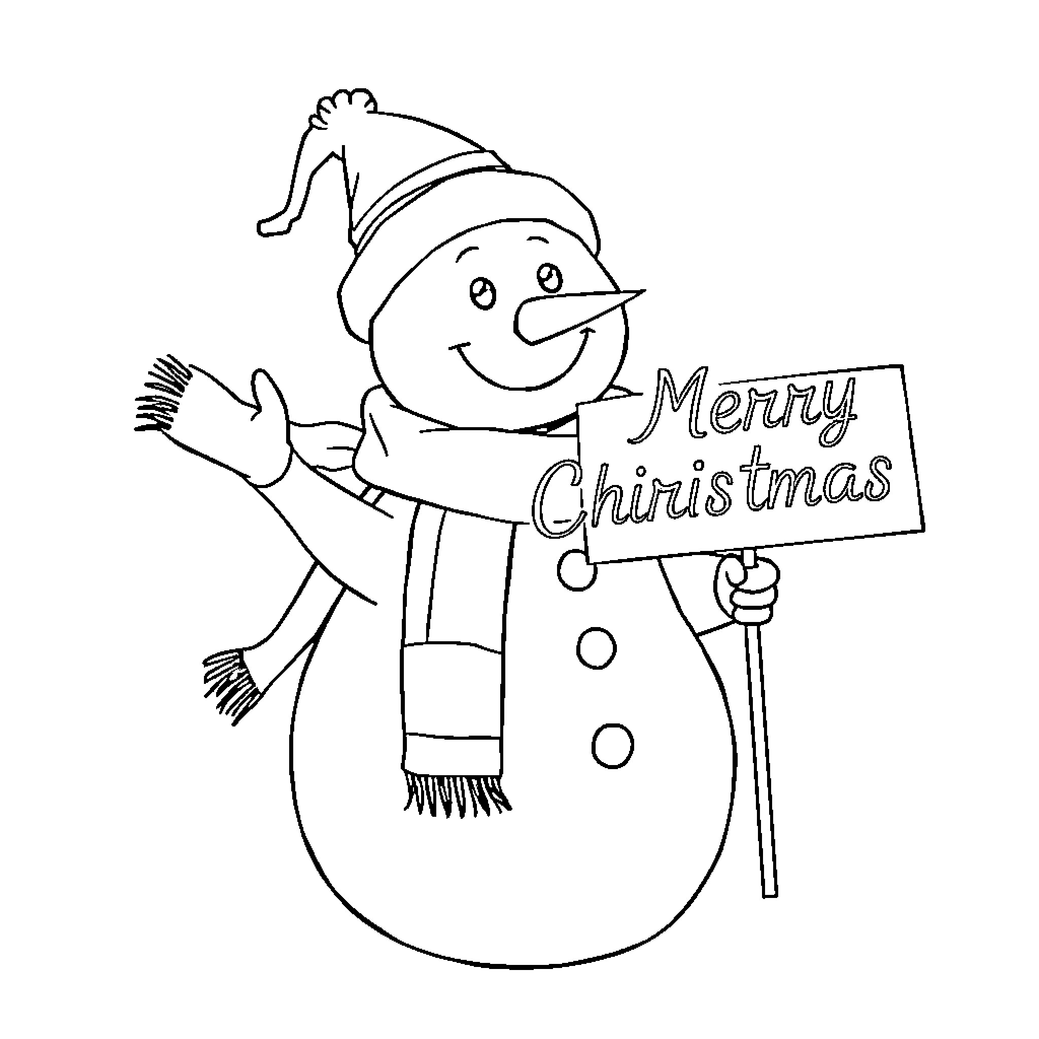 Snowman wishing a Merry Christmas with a sign Coloring Page (free black-and-white line drawing printable PDF for all, from beginners to advanced learners, including children, teens, adults, and seniors)