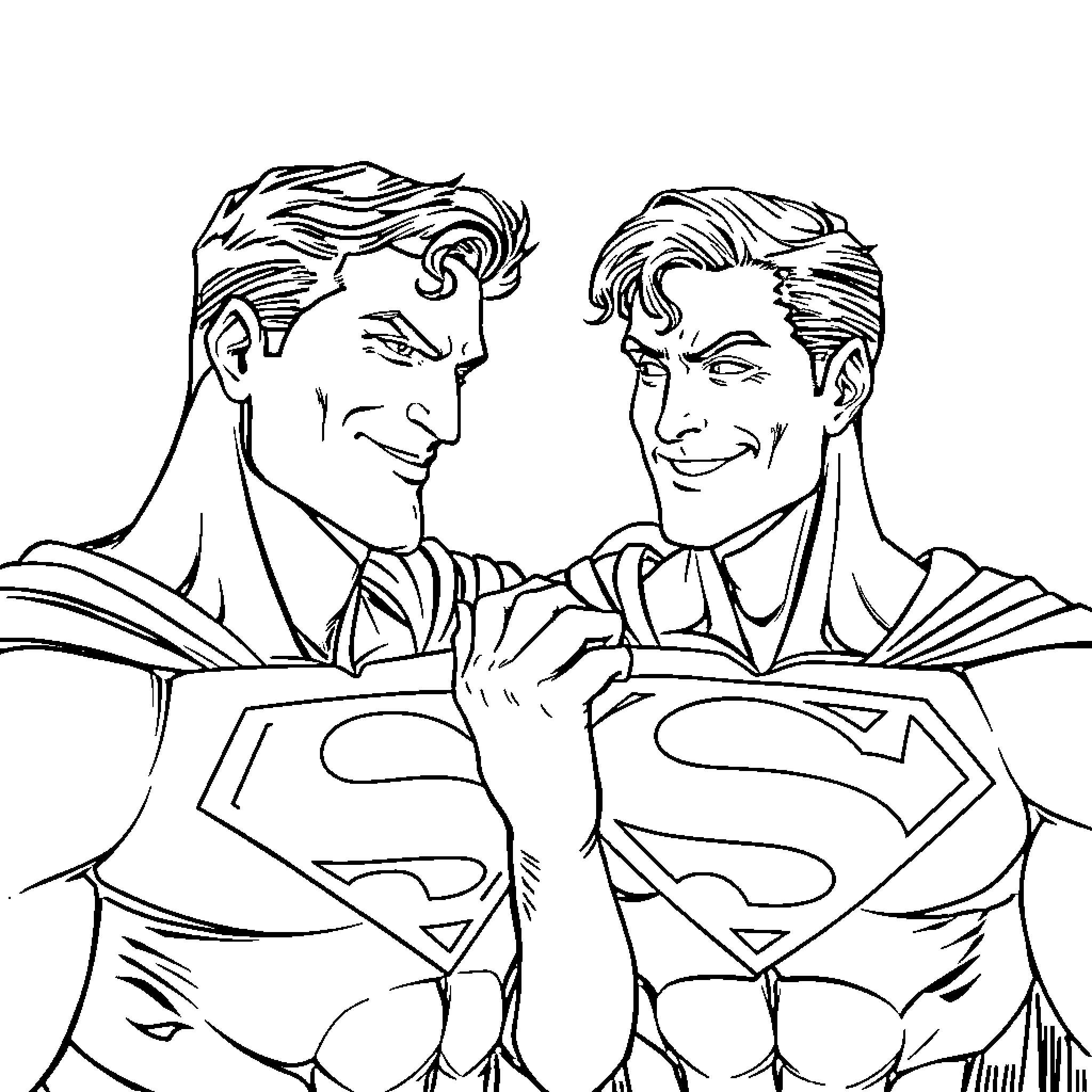 Superman and his friend in heroic poses Coloring Page (free black-and-white line drawing printable PDF for all, from beginners to advanced learners, including children, teens, adults, and seniors)