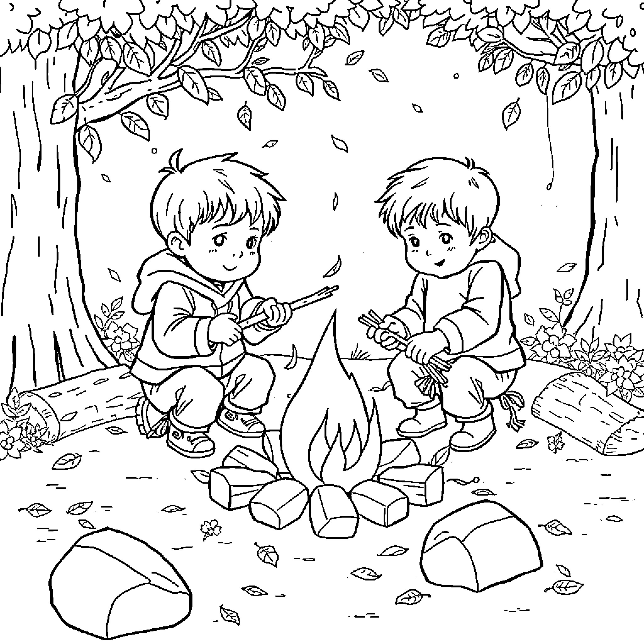 Toddlers playing near a campfire in the forest Coloring Page (free black-and-white line drawing printable PDF for all, from beginners to advanced learners, including children, teens, adults, and seniors)