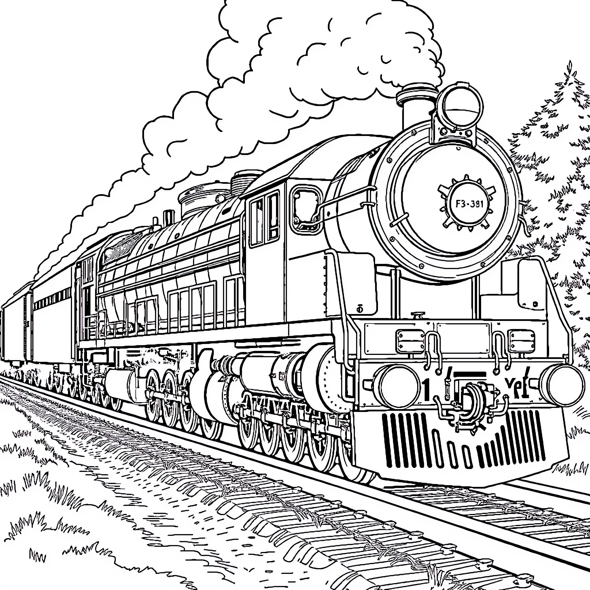 Locomotive speeding along the tracks through the countryside Coloring Page (free black-and-white line drawing printable PDF for all, from beginners to advanced learners, including children, teens, adults, and seniors)