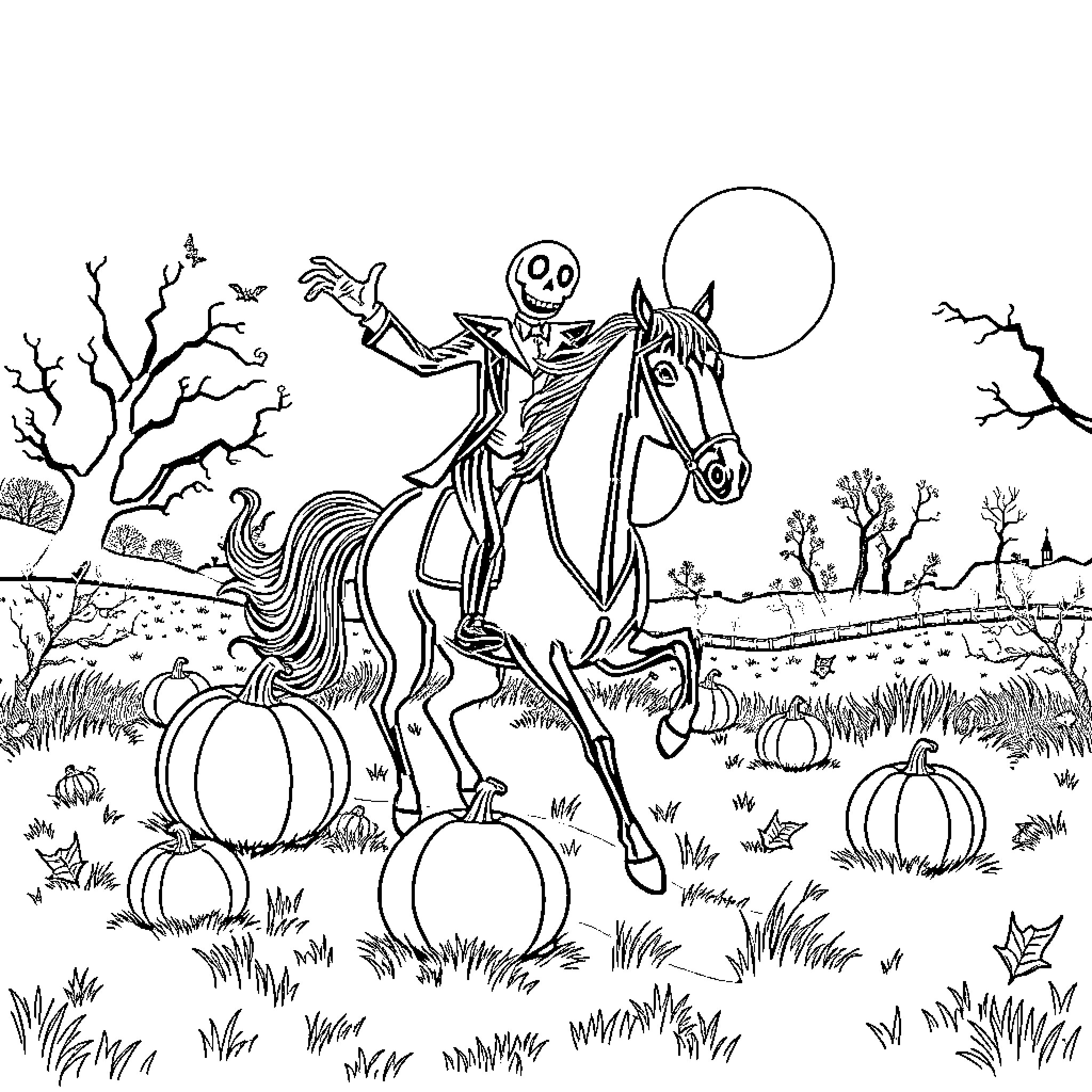 Headless Horseman riding skeleton horse through pumpkin patch Coloring Page (free black-and-white line drawing printable PDF for all, from beginners to advanced learners, including children, teens, adults, and seniors)