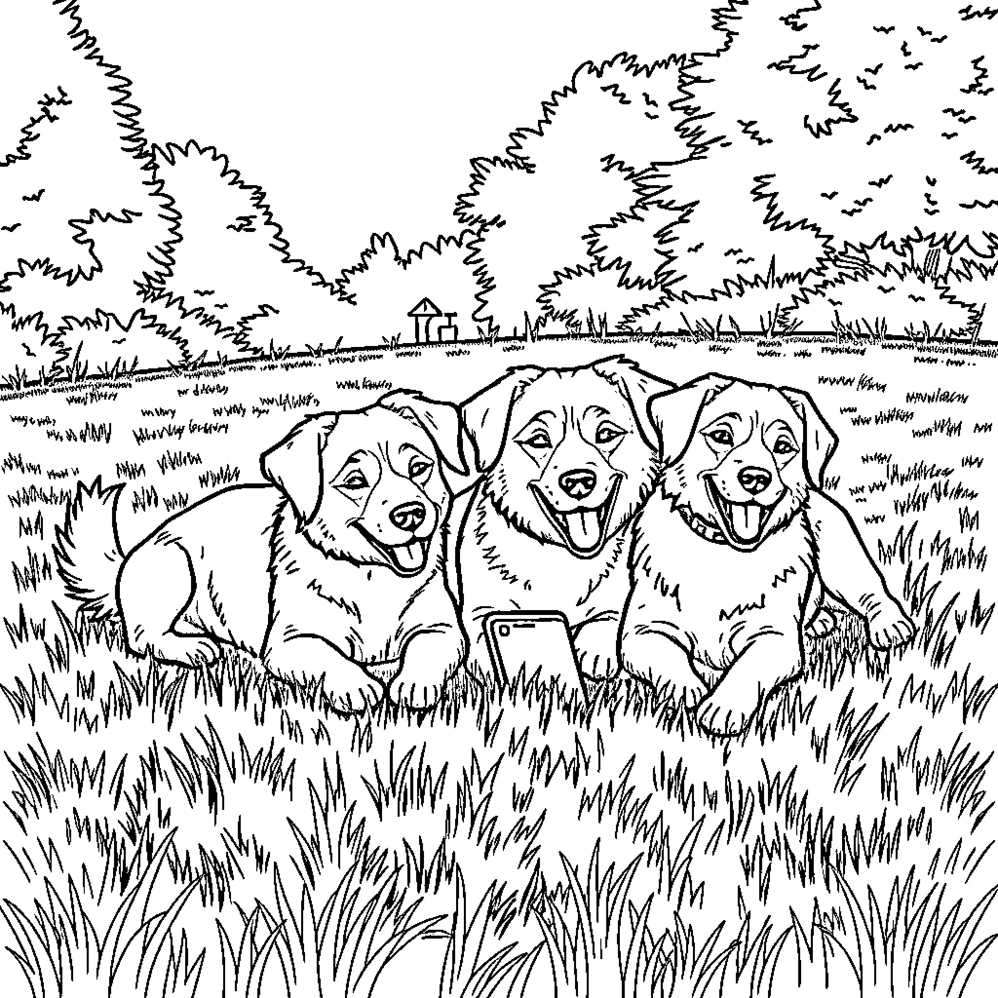 Dog trio enjoying the outdoors Coloring Page (free black-and-white line drawing printable PDF for all, from beginners to advanced learners, including children, teens, adults, and seniors)