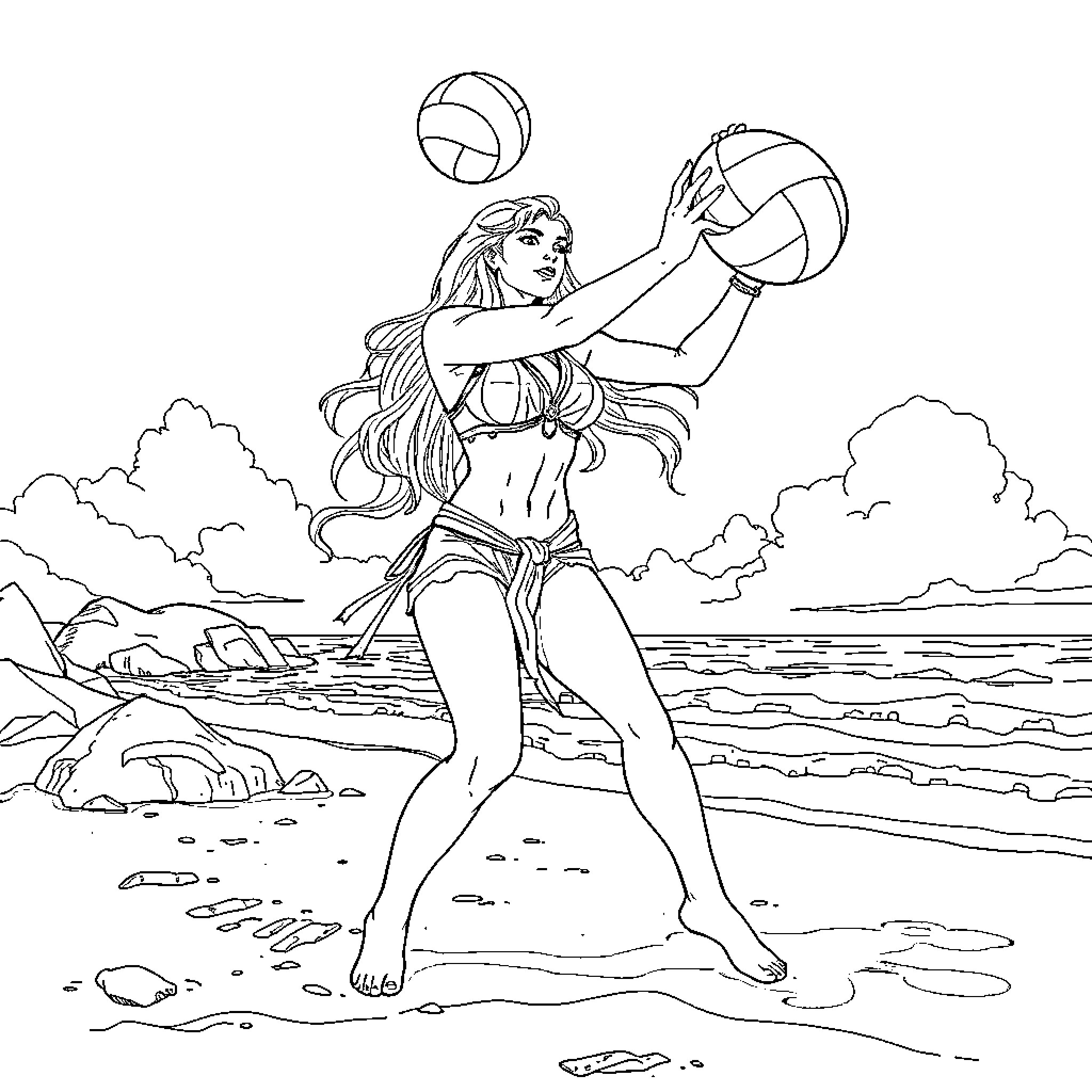 Xena volleying a ball on the beach Coloring Page (free black-and-white line drawing printable PDF for all, from beginners to advanced learners, including children, teens, adults, and seniors)
