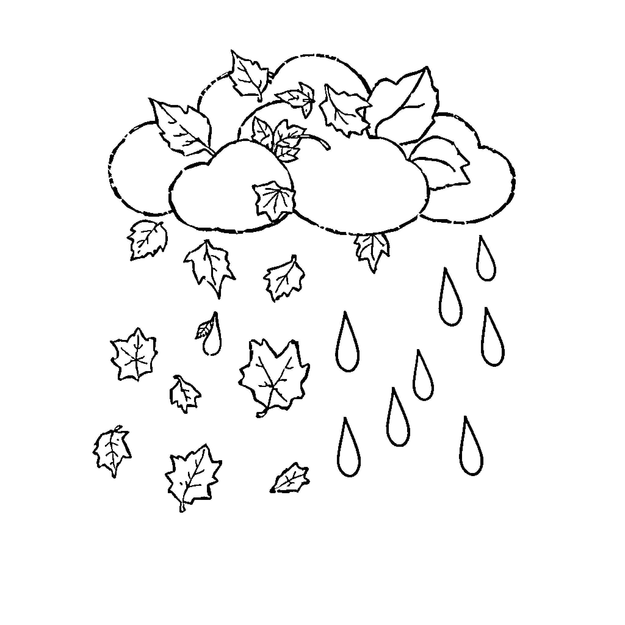 Weather Symbol of Autumn Rainstorm Coloring Page (free black-and-white line drawing printable PDF for all, from beginners to advanced learners, including children, teens, adults, and seniors)
