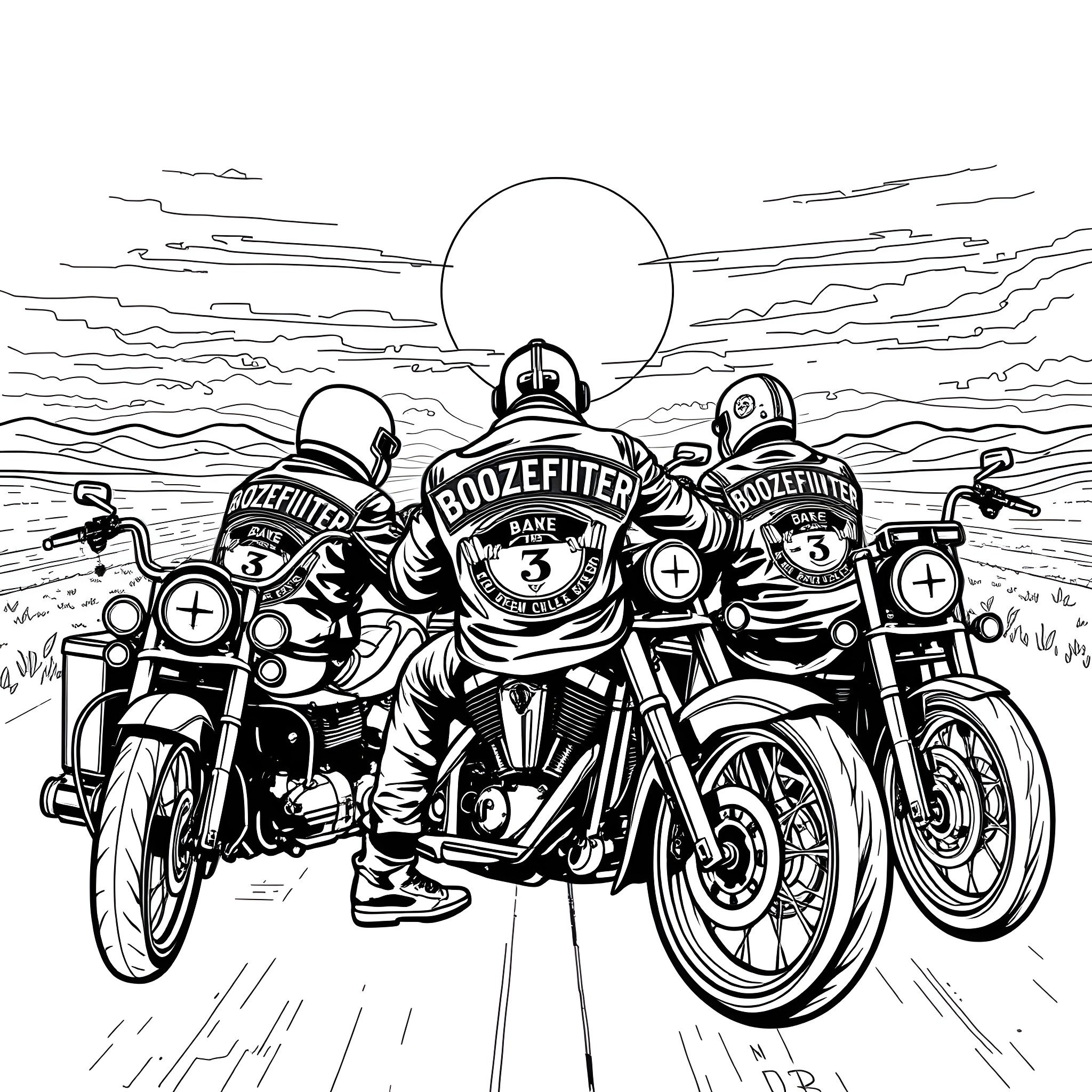 Boozefighter motorcycle gang in action on the open road Coloring Page (free black-and-white line drawing printable PDF for all, from beginners to advanced learners, including children, teens, adults, and seniors)
