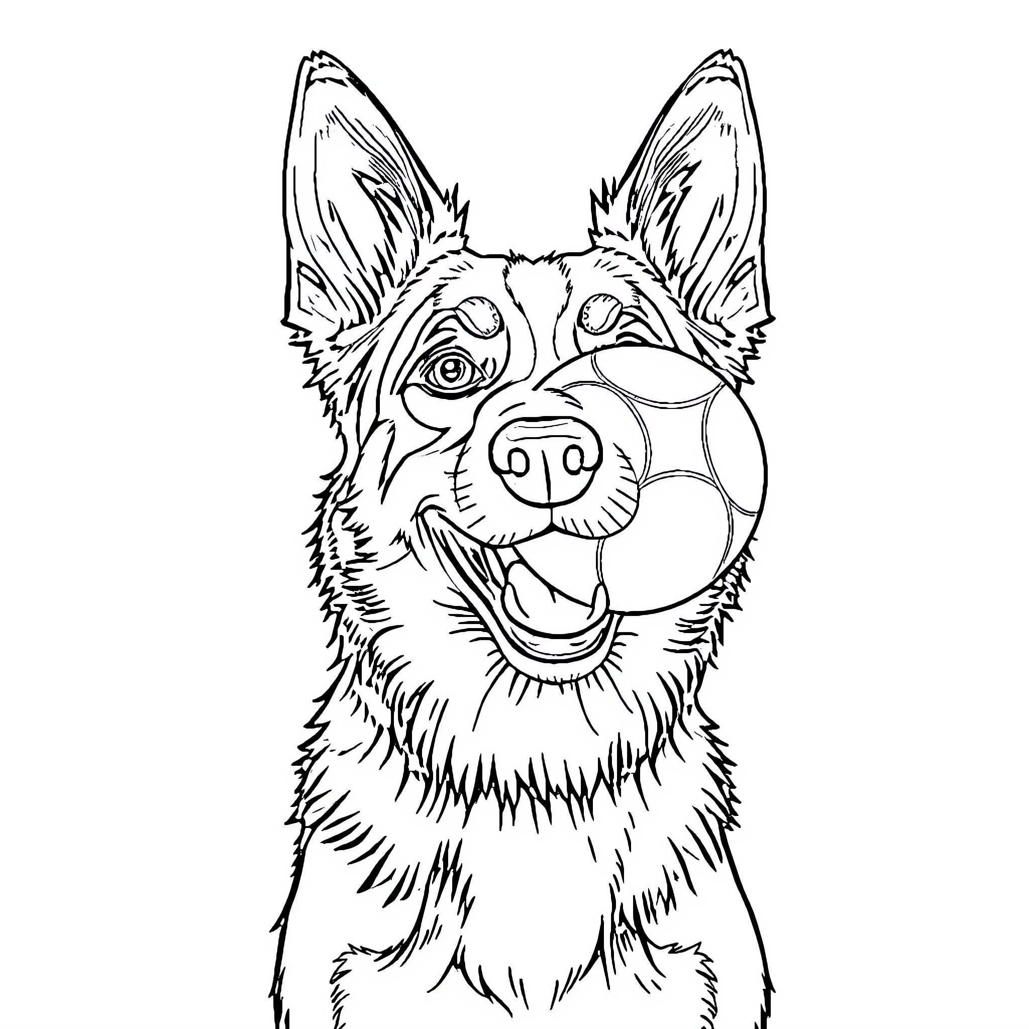Dog playing with ball in black and white Coloring Page (free black-and-white line drawing printable PDF for all, from beginners to advanced learners, including children, teens, adults, and seniors)