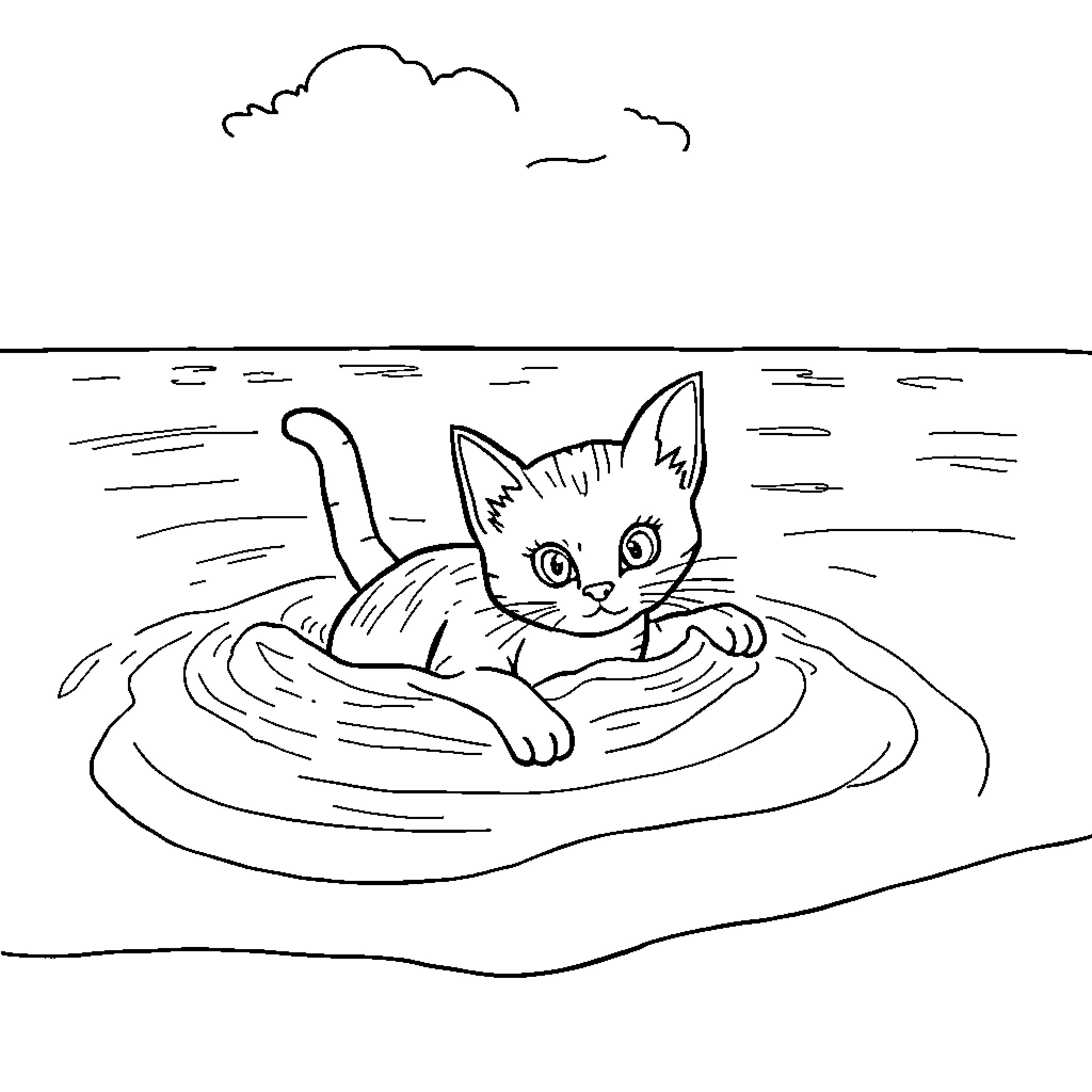Gato relaxing in a serene pond Coloring Page (free black-and-white line drawing printable PDF for all, from beginners to advanced learners, including children, teens, adults, and seniors)