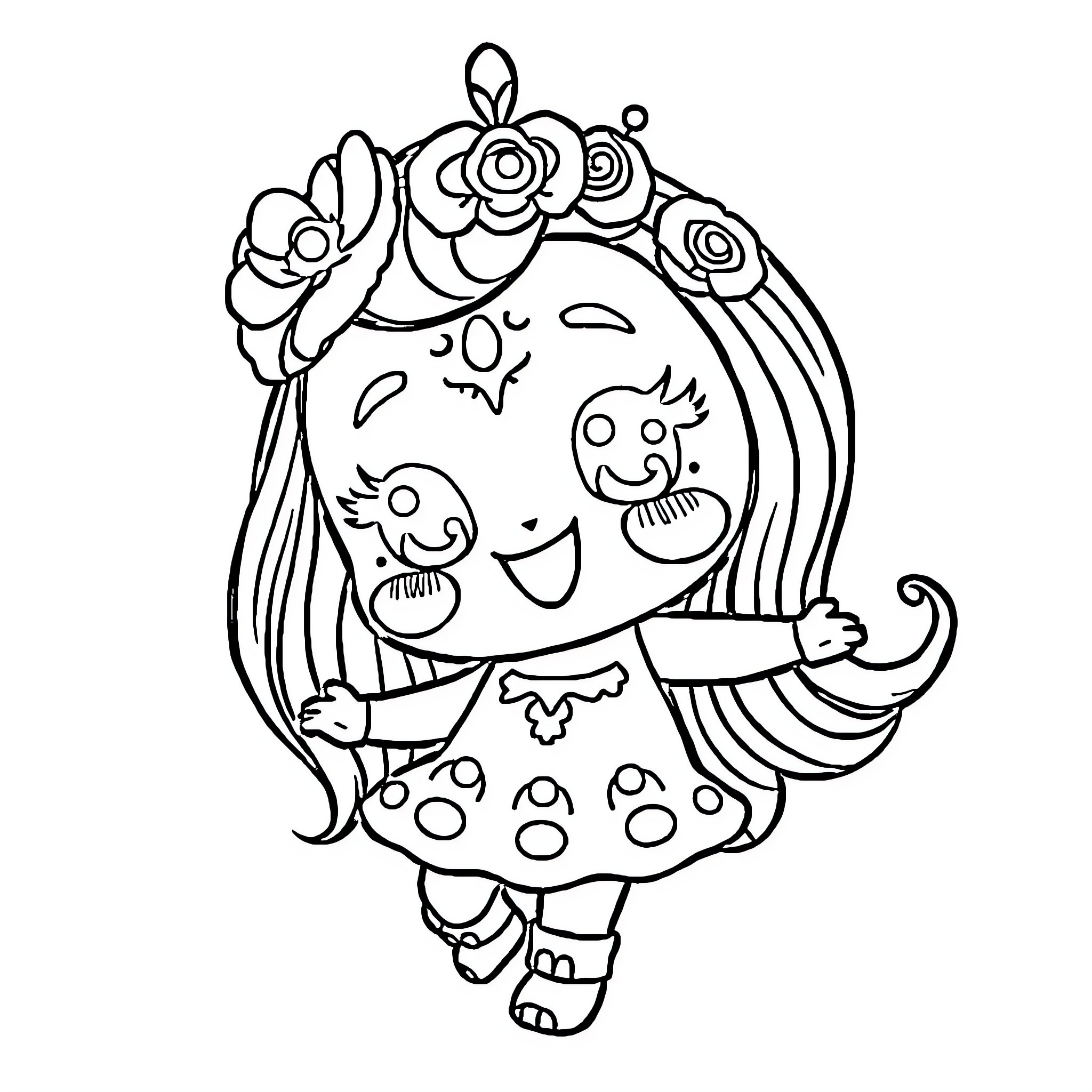Kawaii Girl with Floral Crown and Happy Expression Coloring Page (free black-and-white line drawing printable PDF for all, from beginners to advanced learners, including children, teens, adults, and seniors)