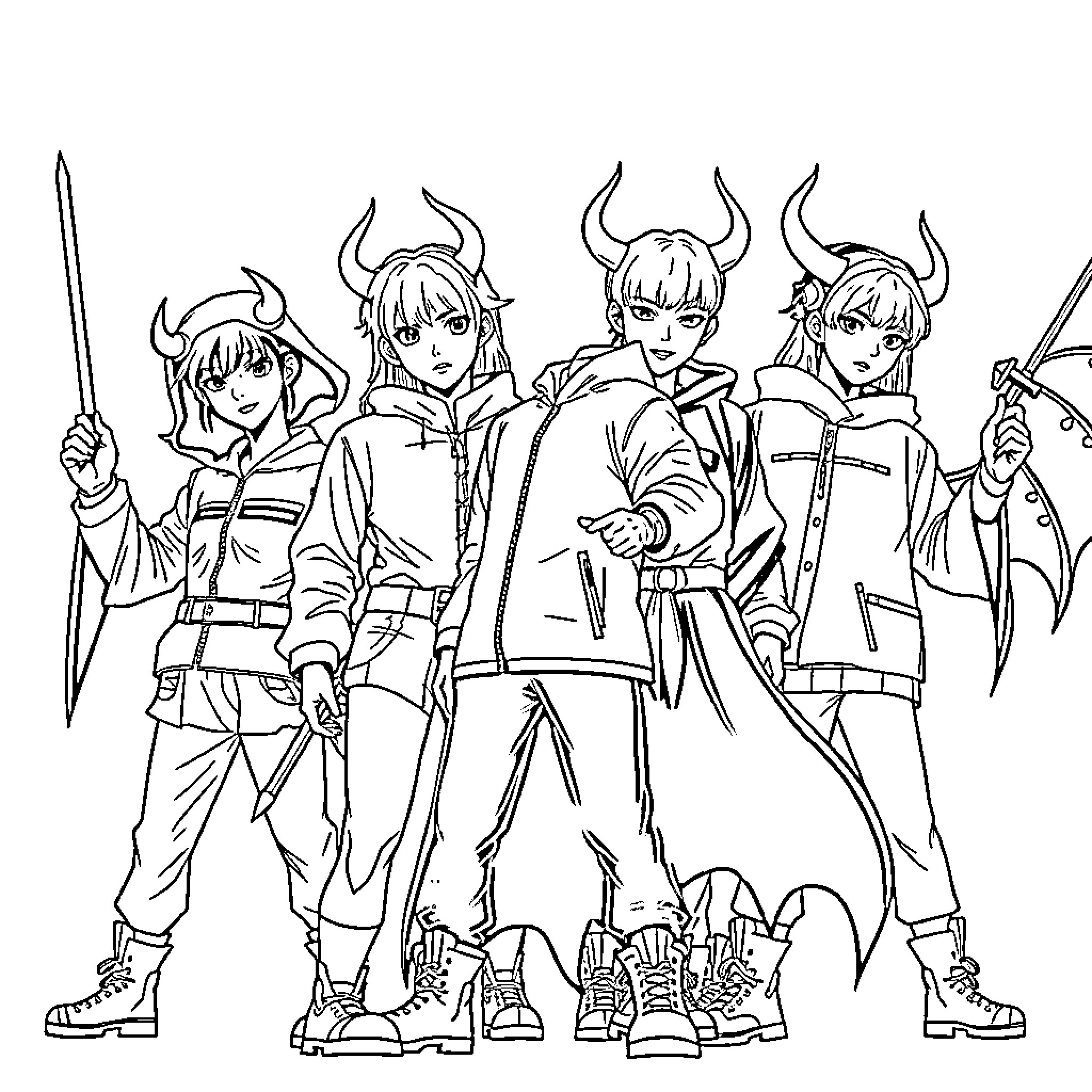 Demon Hunters Wielding Swords and Horned Helmets Coloring Page (free black-and-white line drawing printable PDF for all, from beginners to advanced learners, including children, teens, adults, and seniors)