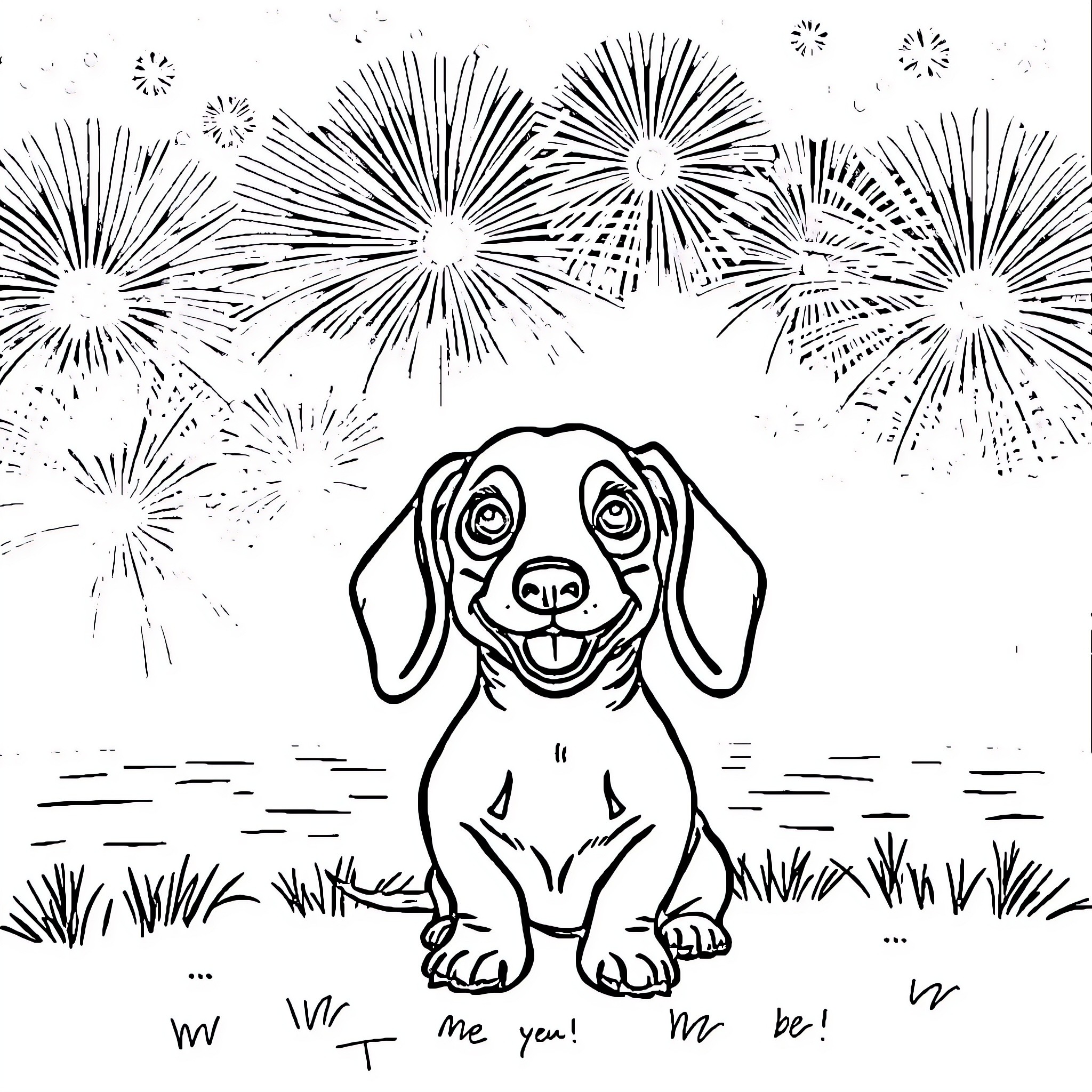 Dachshund dog delighted by fireworks display Coloring Page (free black-and-white line drawing printable PDF for all, from beginners to advanced learners, including children, teens, adults, and seniors)