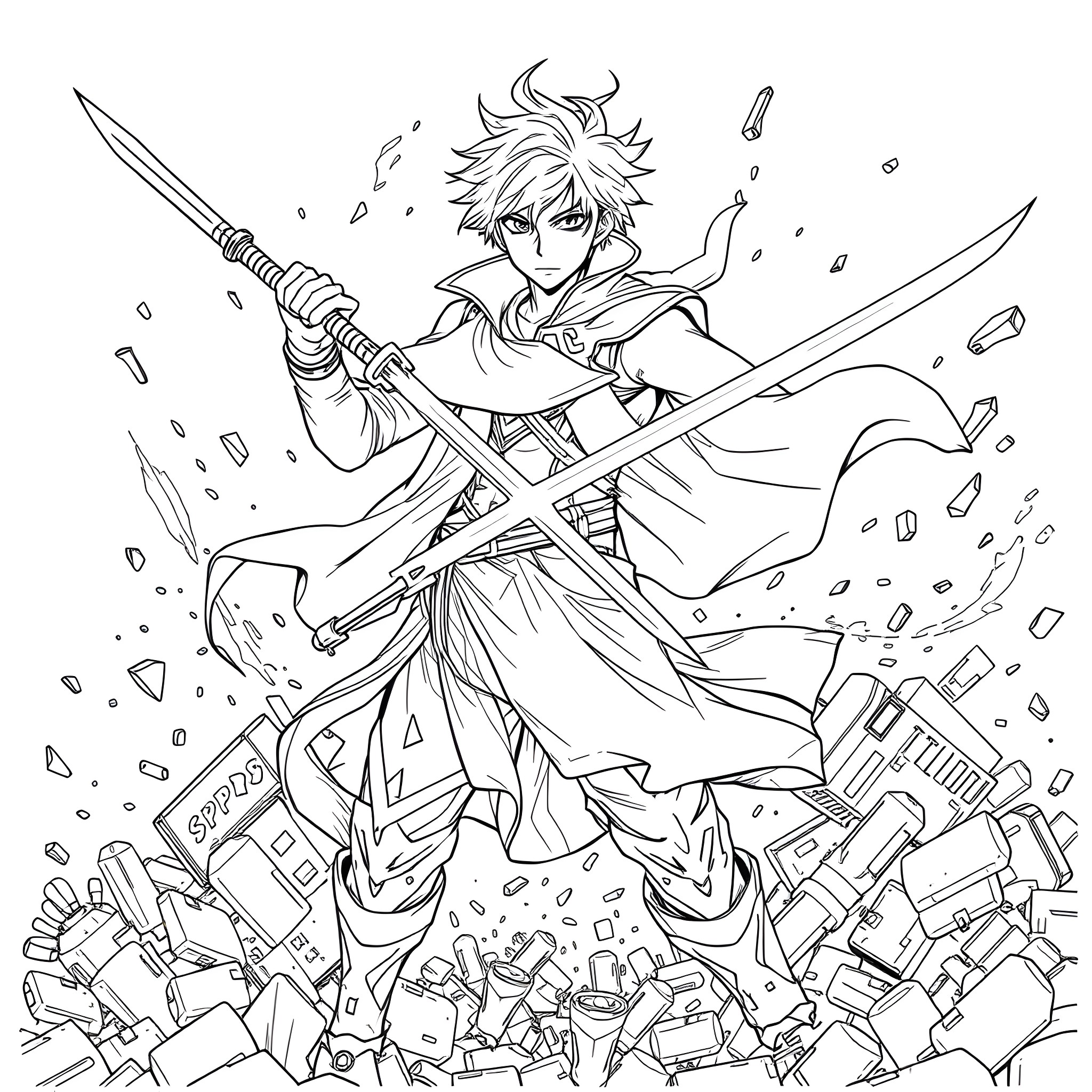Levi's explosive battle in the ruins Coloring Page (free black-and-white line drawing printable PDF for all, from beginners to advanced learners, including children, teens, adults, and seniors)
