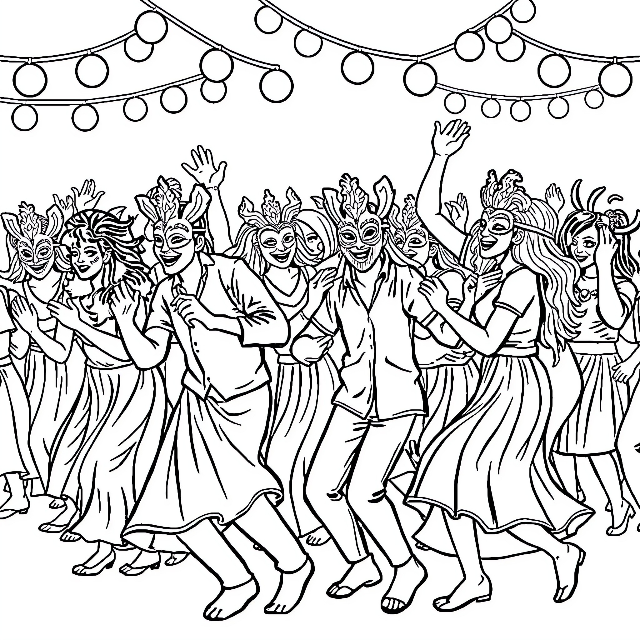 People celebrating at a festive gathering Coloring Page (free black-and-white line drawing printable PDF for all, from beginners to advanced learners, including children, teens, adults, and seniors)