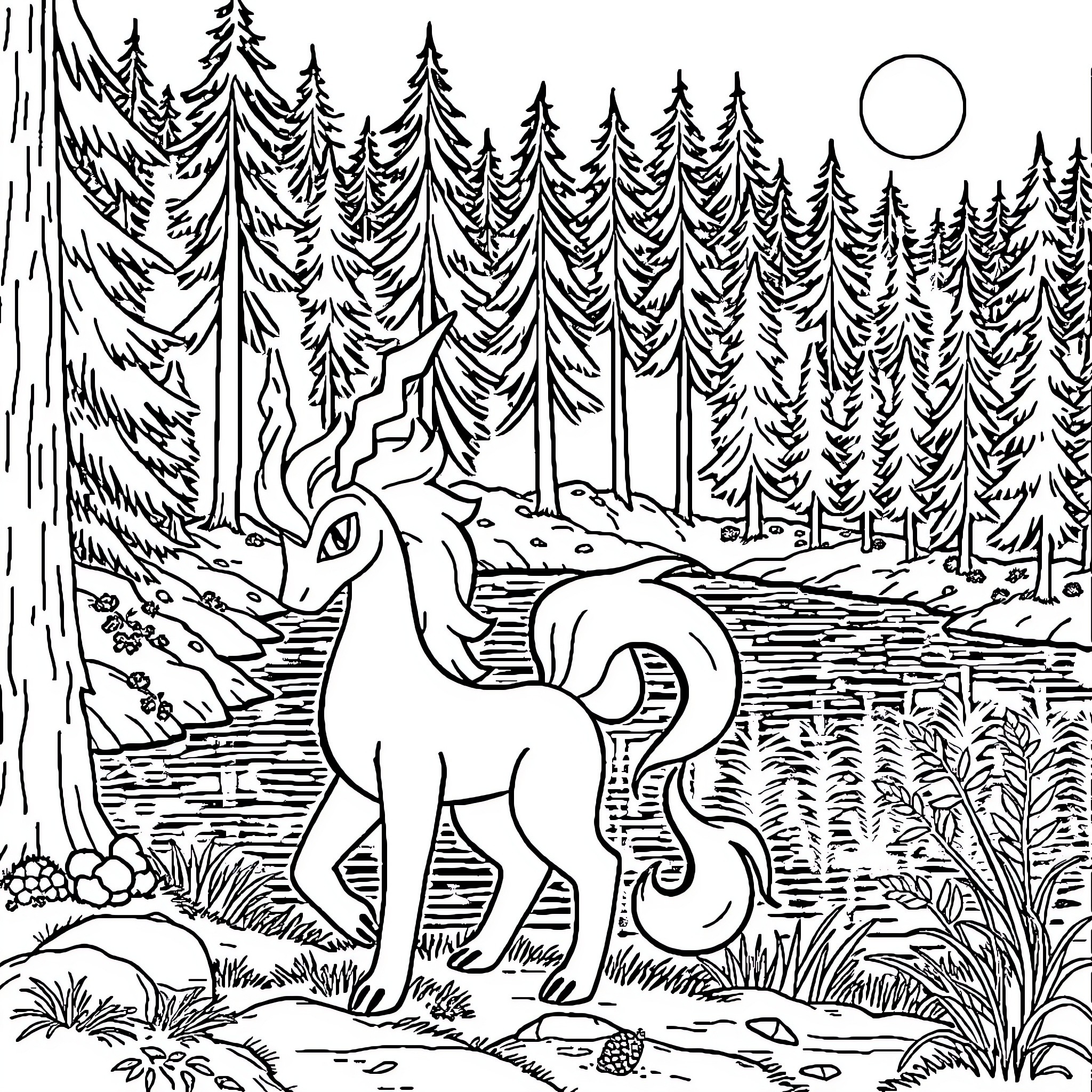 Suicune exploring the enchanted forest Coloring Page (free black-and-white line drawing printable PDF for all, from beginners to advanced learners, including children, teens, adults, and seniors)